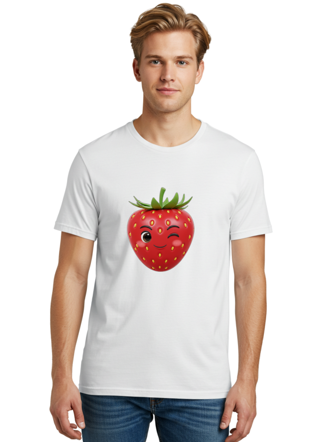 Winking-Strawberry-1 Men'S Graphic Tee, 100% Cotton, Comfortable Casual Summer Wear, Machine Washable, Cartoon Strawberry, Winking Face, Yellow Seeds, Red Fruit, Funny Character, Cute Emoji, Playful Expression, Smiling Face, Bac554 16