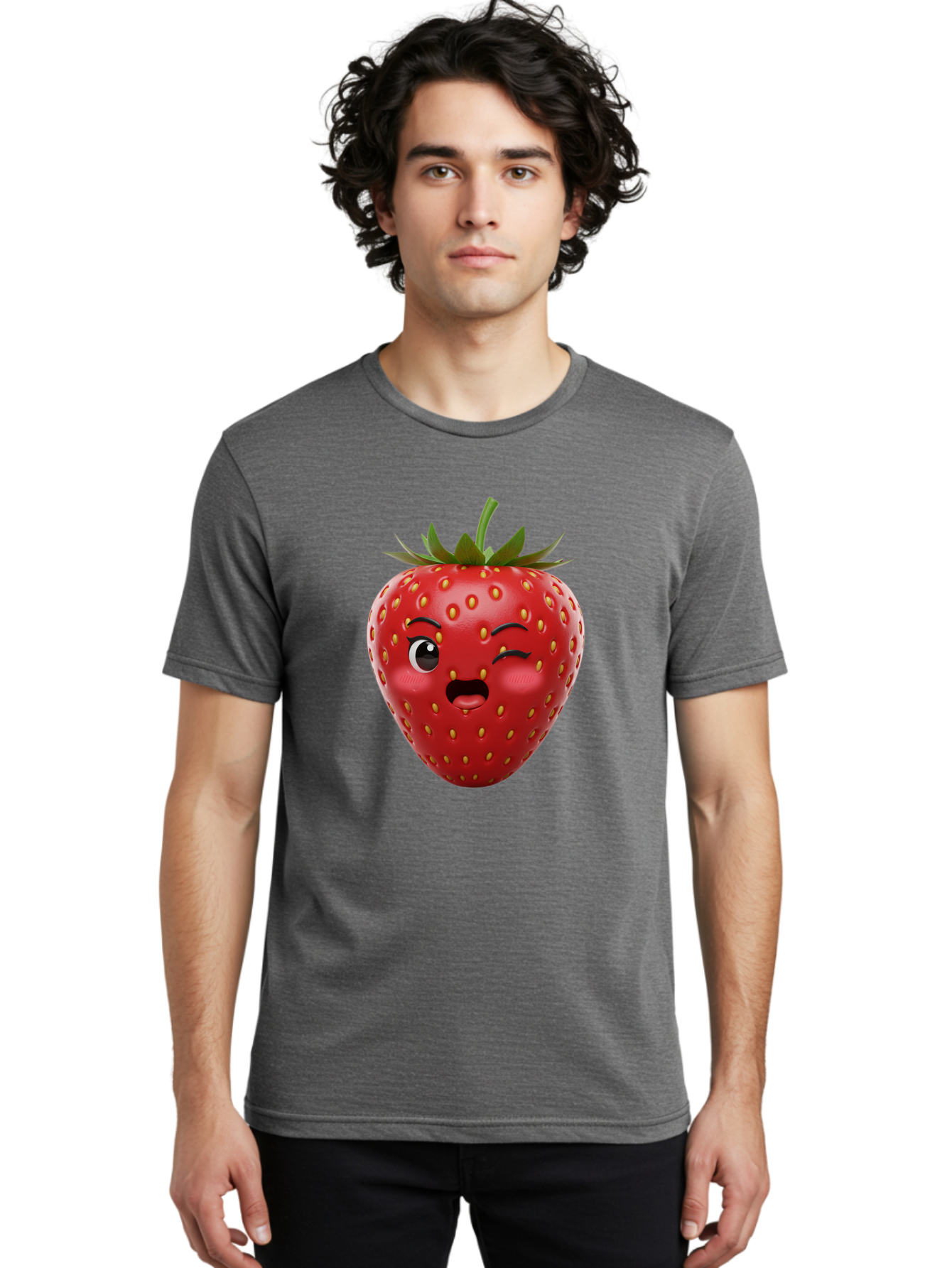 Winking-Strawberry-11 Men'S Graphic Tee, 100% Cotton, Comfortable Casual Summer Wear, Machine Washable, Cartoon Strawberry, Winking Face, Playful Expression, Comical Character, Vibrant Red, Yellow Seeds, Green Leaves, Funny Emotion, Emoticon Bac556 20