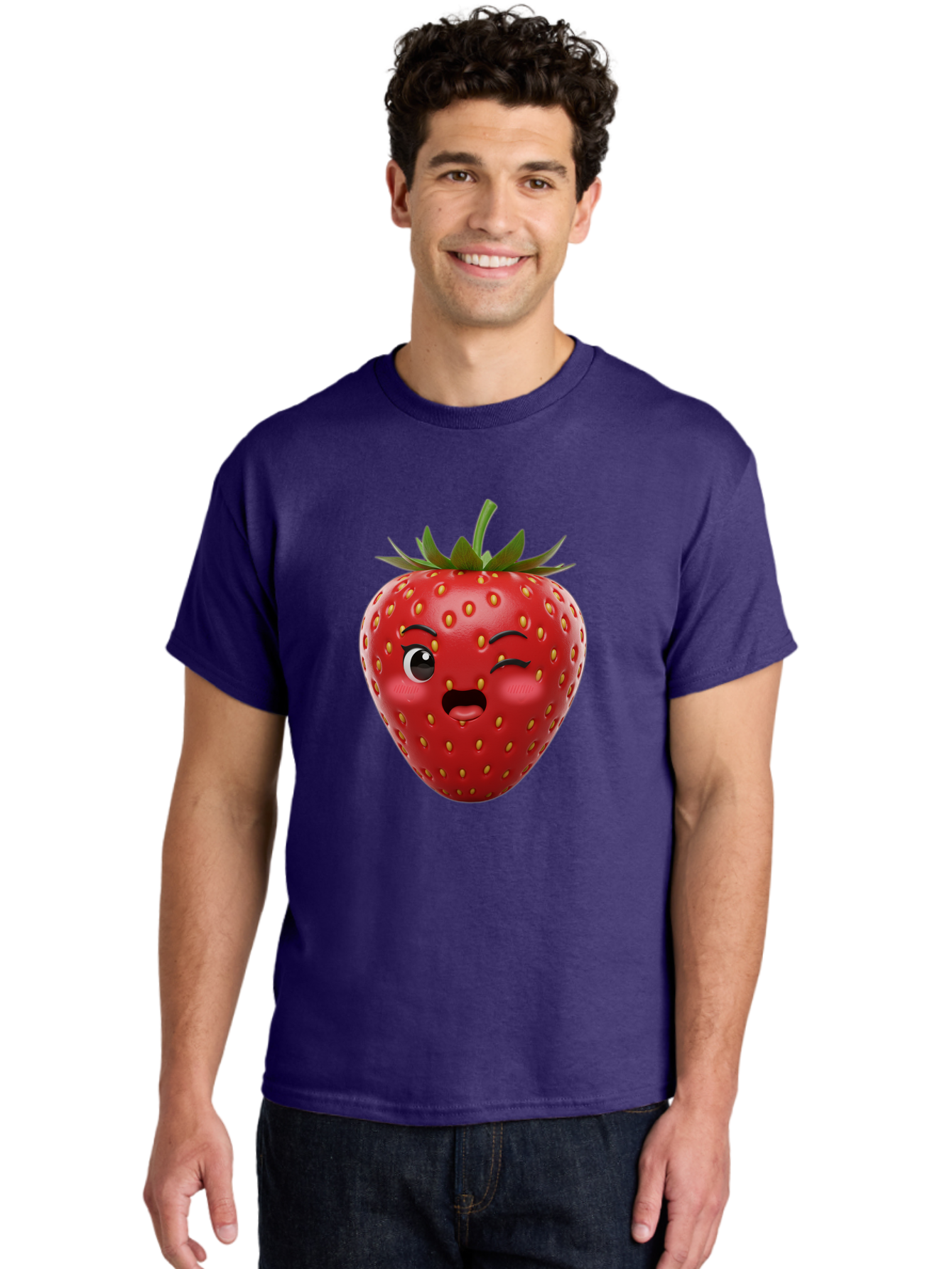 Winking-Strawberry-11 Men'S Graphic Tee, 100% Cotton, Comfortable Casual Summer Wear, Machine Washable, Cartoon Strawberry, Winking Face, Playful Expression, Comical Character, Vibrant Red, Yellow Seeds, Green Leaves, Funny Emotion, Emoticon Bac556 24