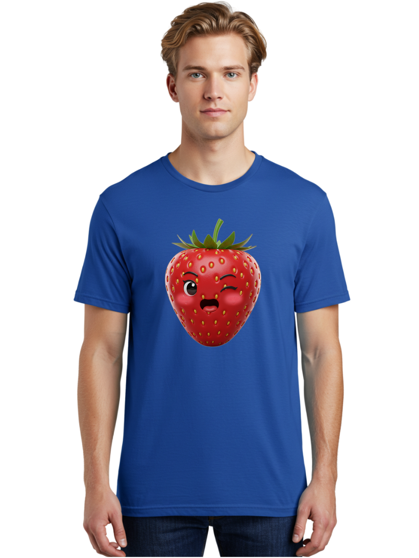 Winking-Strawberry-11 Men'S Graphic Tee, 100% Cotton, Comfortable Casual Summer Wear, Machine Washable, Cartoon Strawberry, Winking Face, Playful Expression, Comical Character, Vibrant Red, Yellow Seeds, Green Leaves, Funny Emotion, Emoticon Bac556 27