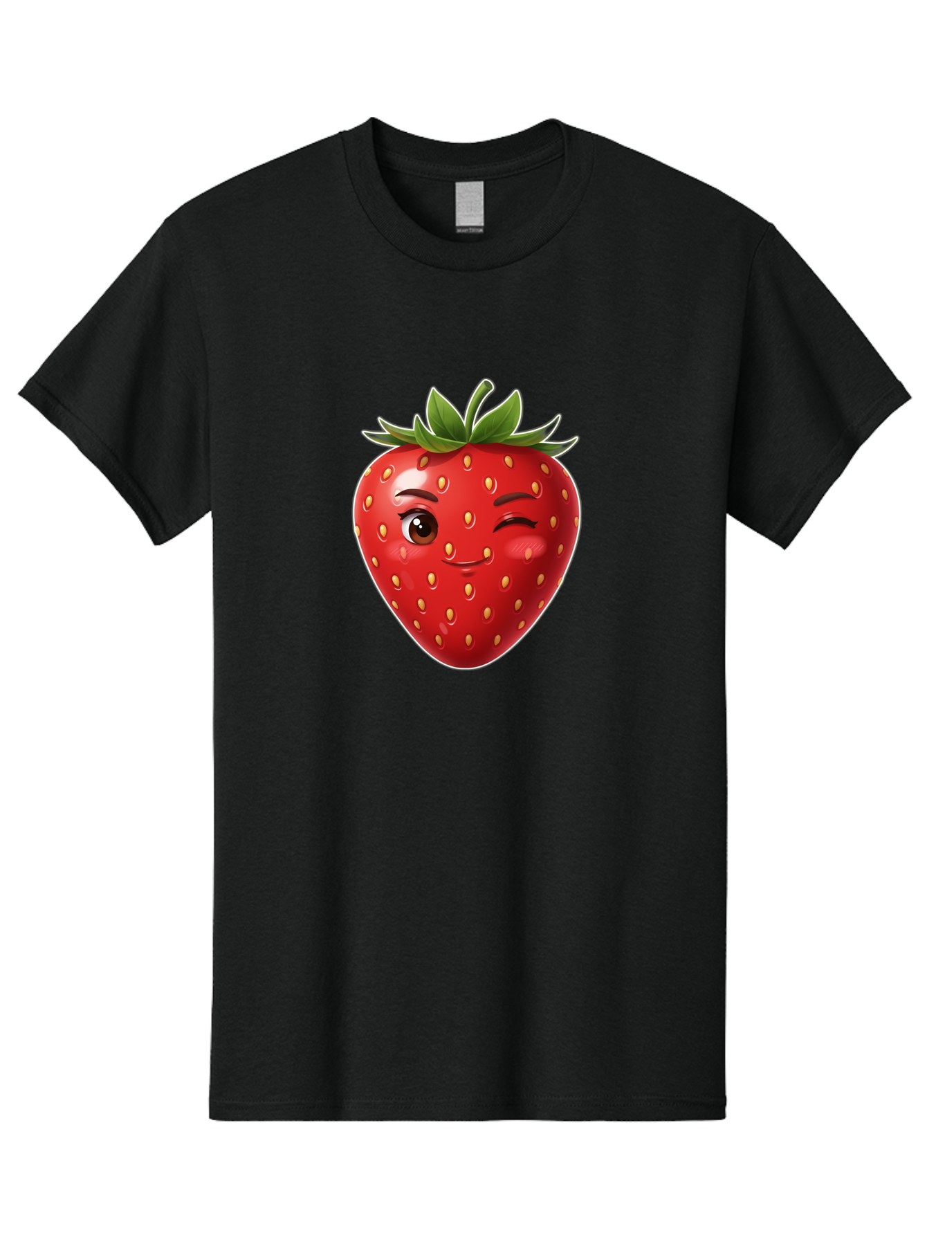 Winking-Strawberry-12 Men'S Graphic Tee, 100% Cotton, Comfortable Casual Summer Wear, Machine Washable, Winking Strawberry, Cartoon Style, Fresh Fruit, Healthy Snack, Vibrant Colors, Playful Expression, Yellow Seeds, Green Leaves Bac557 9