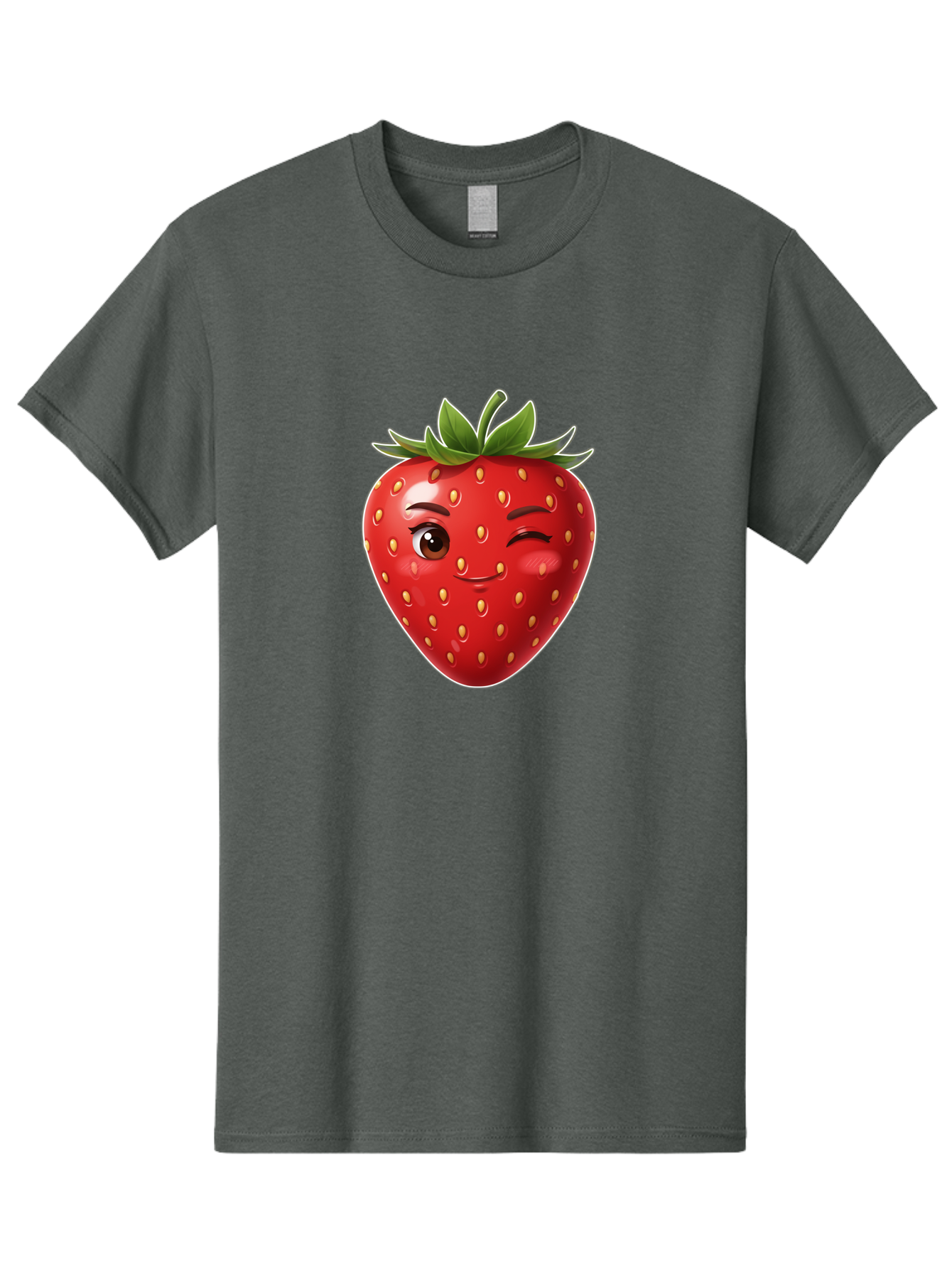 Winking-Strawberry-12 Men'S Graphic Tee, 100% Cotton, Comfortable Casual Summer Wear, Machine Washable, Winking Strawberry, Cartoon Style, Fresh Fruit, Healthy Snack, Vibrant Colors, Playful Expression, Yellow Seeds, Green Leaves Bac557 15