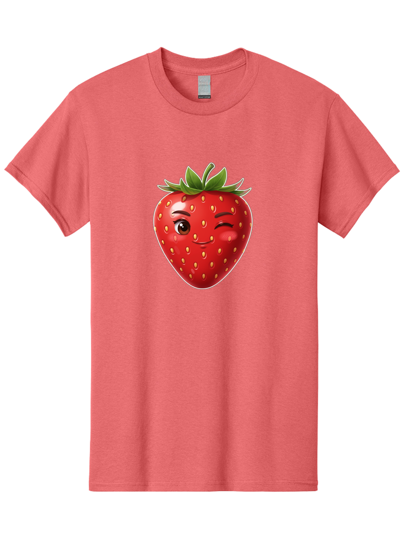 Winking-Strawberry-12 Men'S Graphic Tee, 100% Cotton, Comfortable Casual Summer Wear, Machine Washable, Winking Strawberry, Cartoon Style, Fresh Fruit, Healthy Snack, Vibrant Colors, Playful Expression, Yellow Seeds, Green Leaves Bac557 7