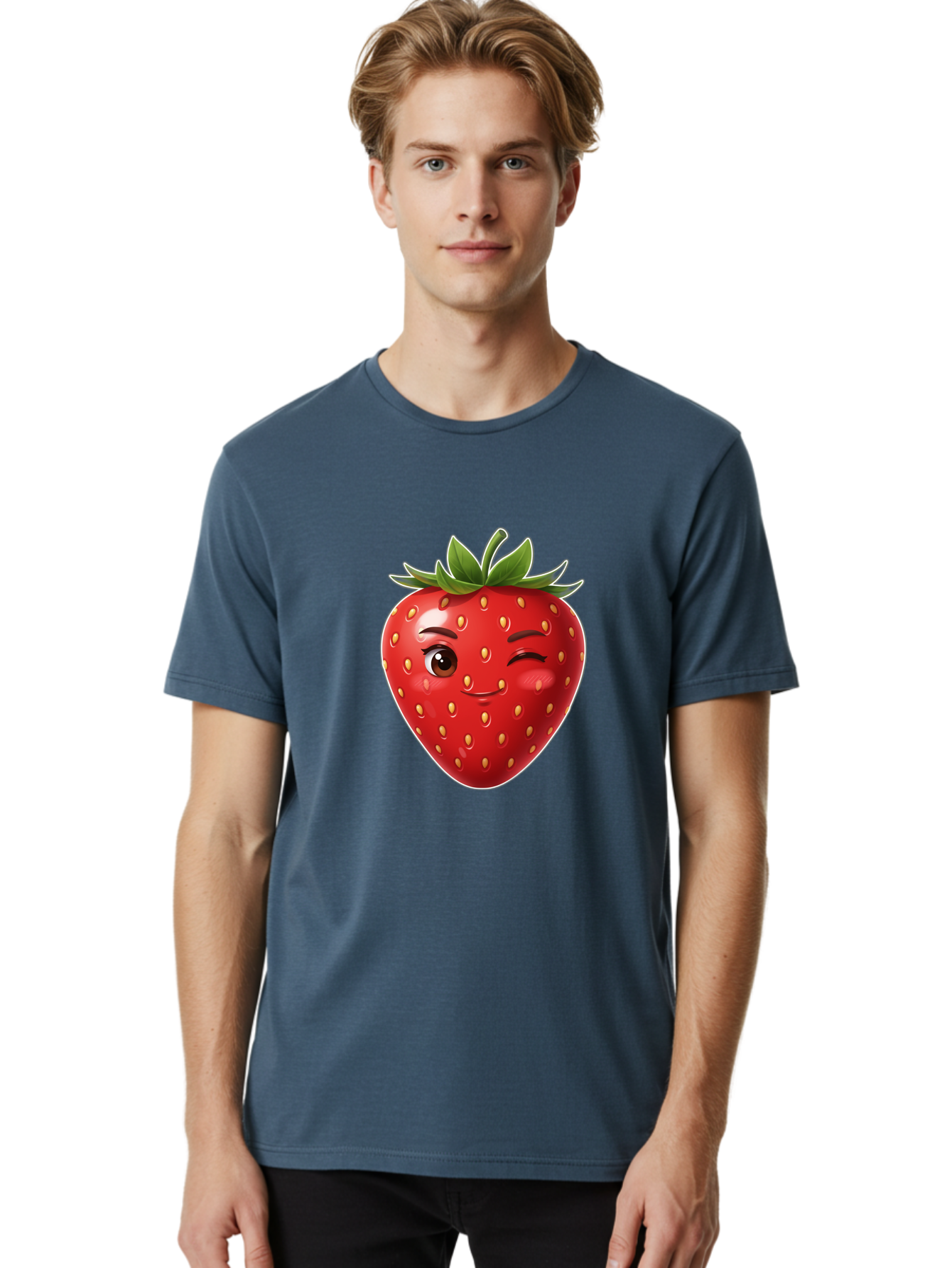Winking-Strawberry-12 Men'S Graphic Tee, 100% Cotton, Comfortable Casual Summer Wear, Machine Washable, Winking Strawberry, Cartoon Style, Fresh Fruit, Healthy Snack, Vibrant Colors, Playful Expression, Yellow Seeds, Green Leaves Bac557 27