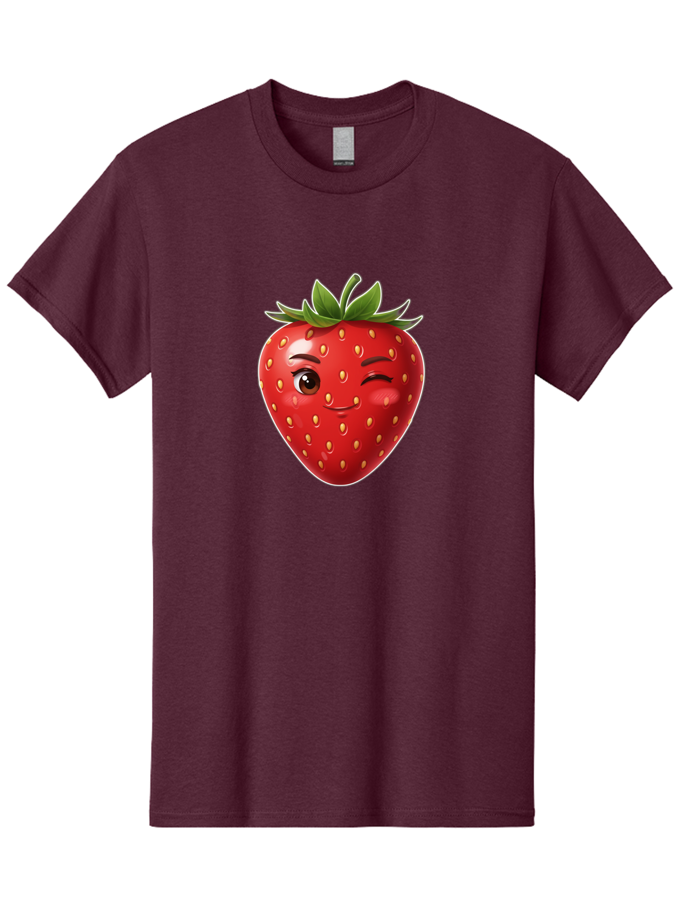 Winking-Strawberry-12 Men'S Graphic Tee, 100% Cotton, Comfortable Casual Summer Wear, Machine Washable, Winking Strawberry, Cartoon Style, Fresh Fruit, Healthy Snack, Vibrant Colors, Playful Expression, Yellow Seeds, Green Leaves Bac557 14