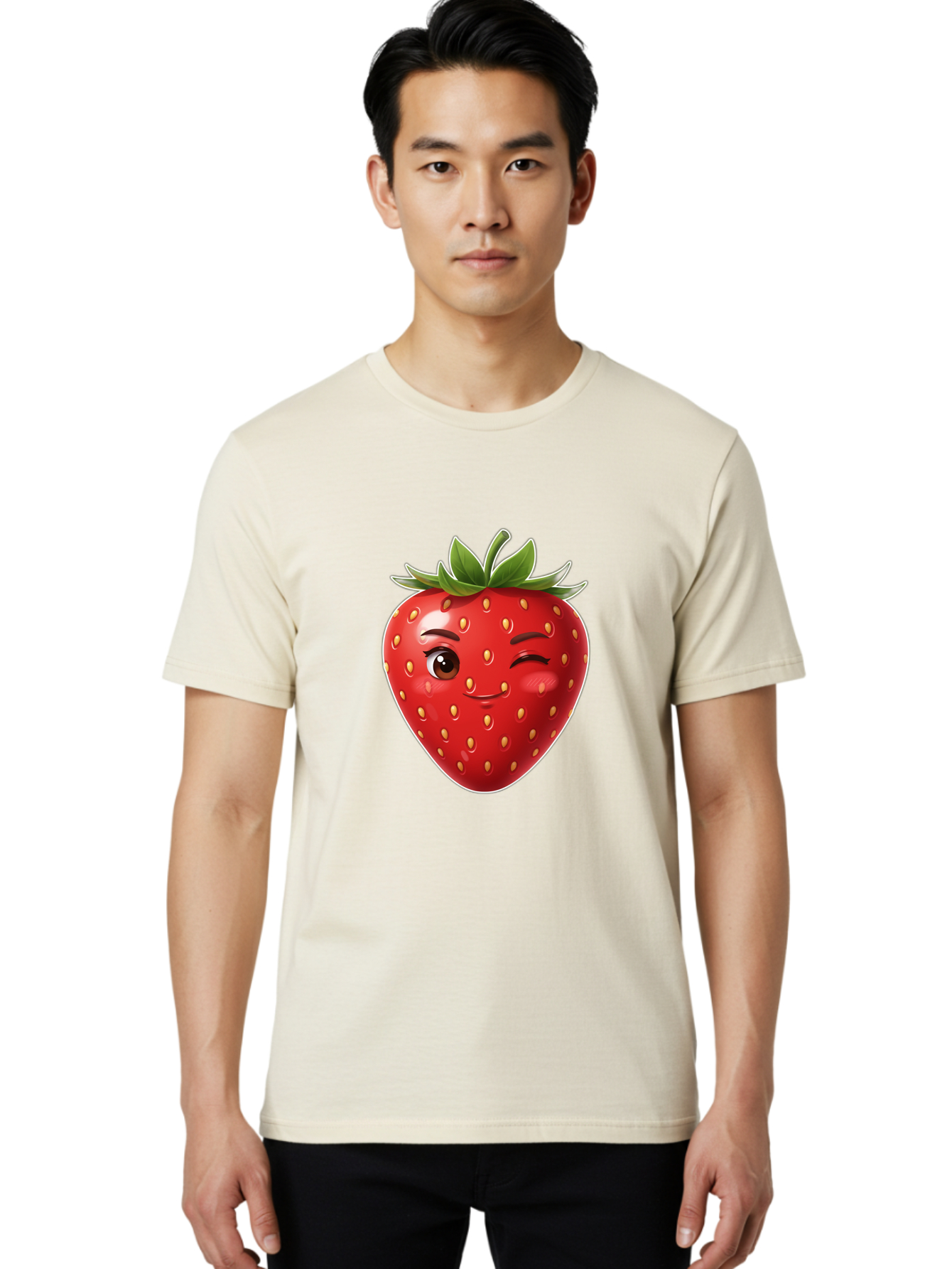 Winking-Strawberry-12 Men'S Graphic Tee, 100% Cotton, Comfortable Casual Summer Wear, Machine Washable, Winking Strawberry, Cartoon Style, Fresh Fruit, Healthy Snack, Vibrant Colors, Playful Expression, Yellow Seeds, Green Leaves Bac557 25
