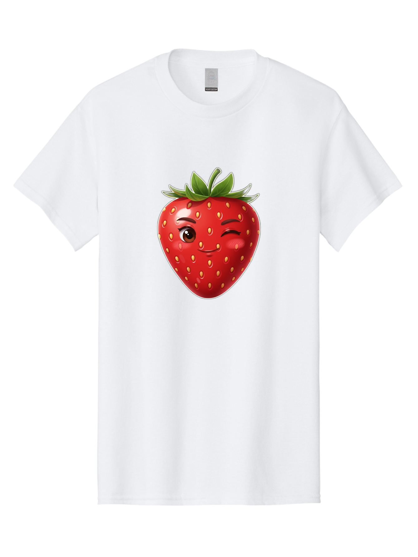 Winking-Strawberry-12 Men'S Graphic Tee, 100% Cotton, Comfortable Casual Summer Wear, Machine Washable, Winking Strawberry, Cartoon Style, Fresh Fruit, Healthy Snack, Vibrant Colors, Playful Expression, Yellow Seeds, Green Leaves Bac557 11