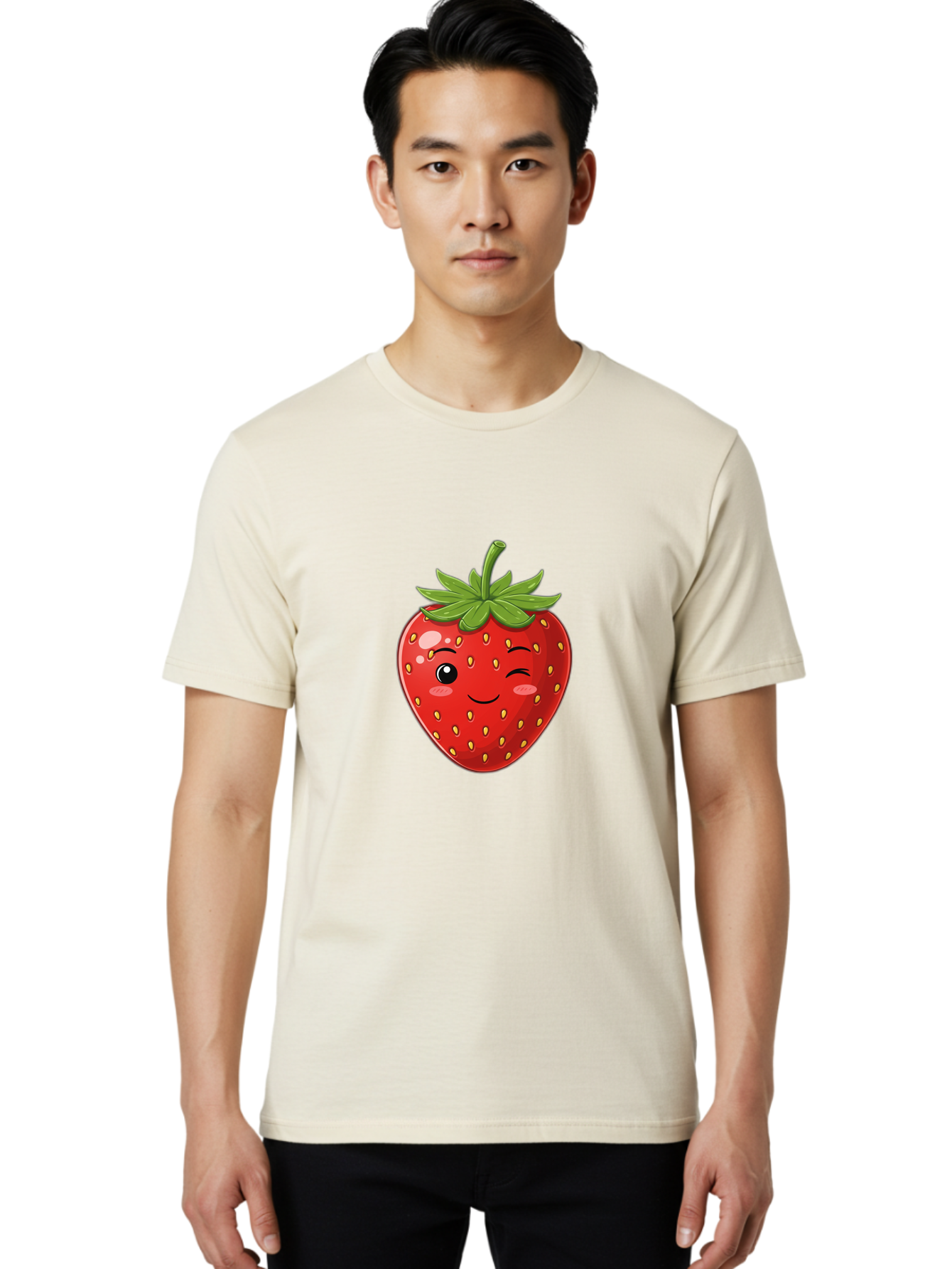 Winking-Strawberry-13 Men'S Graphic Tee, 100% Cotton, Comfortable Casual Summer Wear, Machine Washable, Winking Strawberry Cartoon, Smiling Fruit, Shiny Red Strawberry, Adorable Illustration, Cute Character Design, Playful Emoji, Happy Face, Bac558 30
