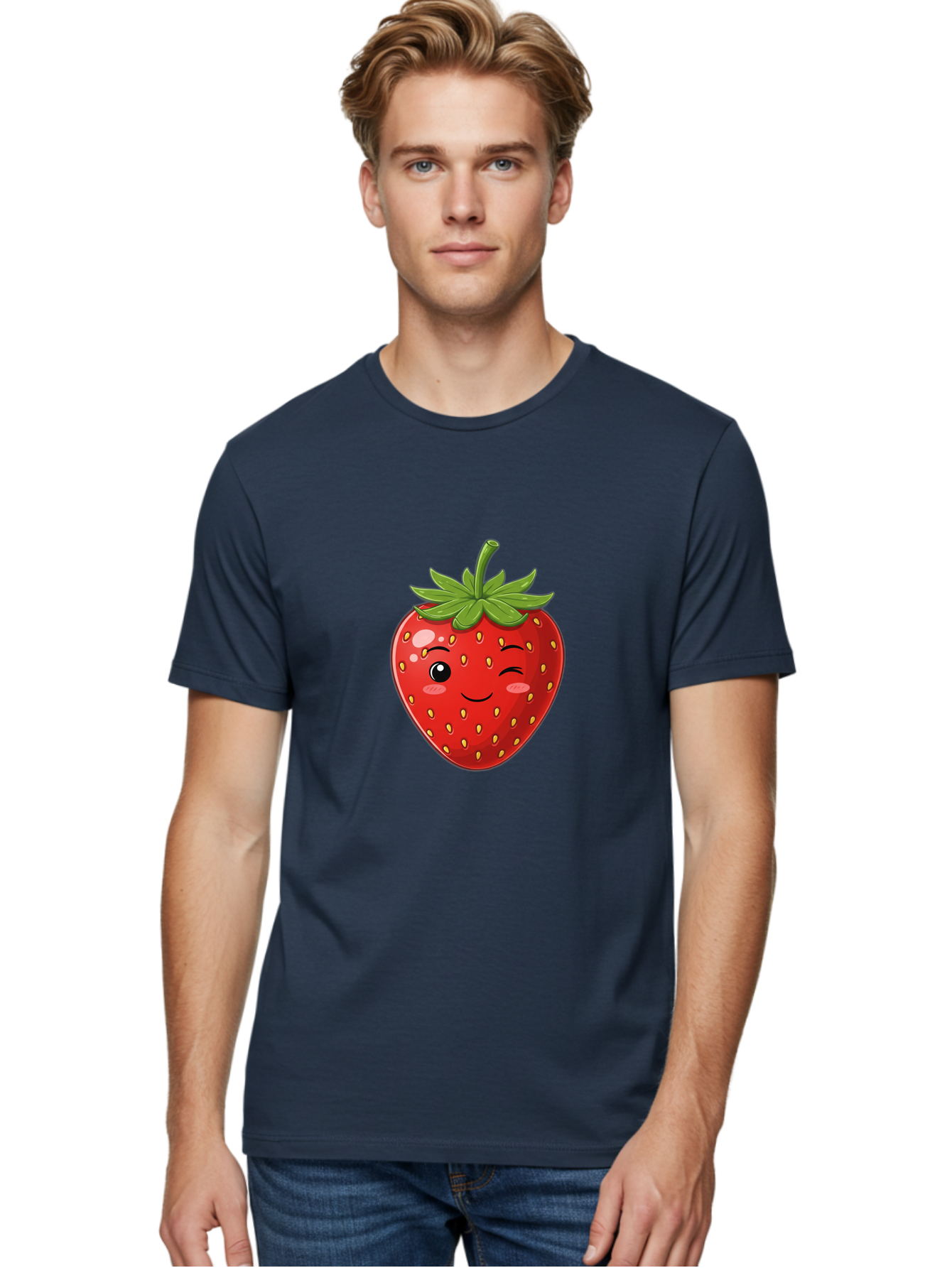 Winking-Strawberry-13 Men'S Graphic Tee, 100% Cotton, Comfortable Casual Summer Wear, Machine Washable, Winking Strawberry Cartoon, Smiling Fruit, Shiny Red Strawberry, Adorable Illustration, Cute Character Design, Playful Emoji, Happy Face, Bac558 27