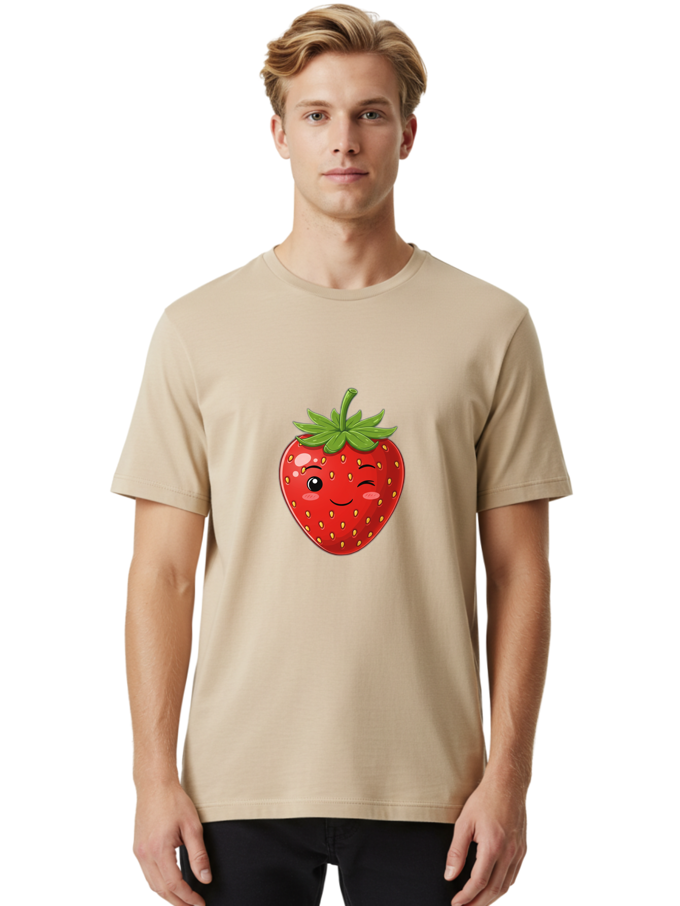 Winking-Strawberry-13 Men'S Graphic Tee, 100% Cotton, Comfortable Casual Summer Wear, Machine Washable, Winking Strawberry Cartoon, Smiling Fruit, Shiny Red Strawberry, Adorable Illustration, Cute Character Design, Playful Emoji, Happy Face, Bac558 26