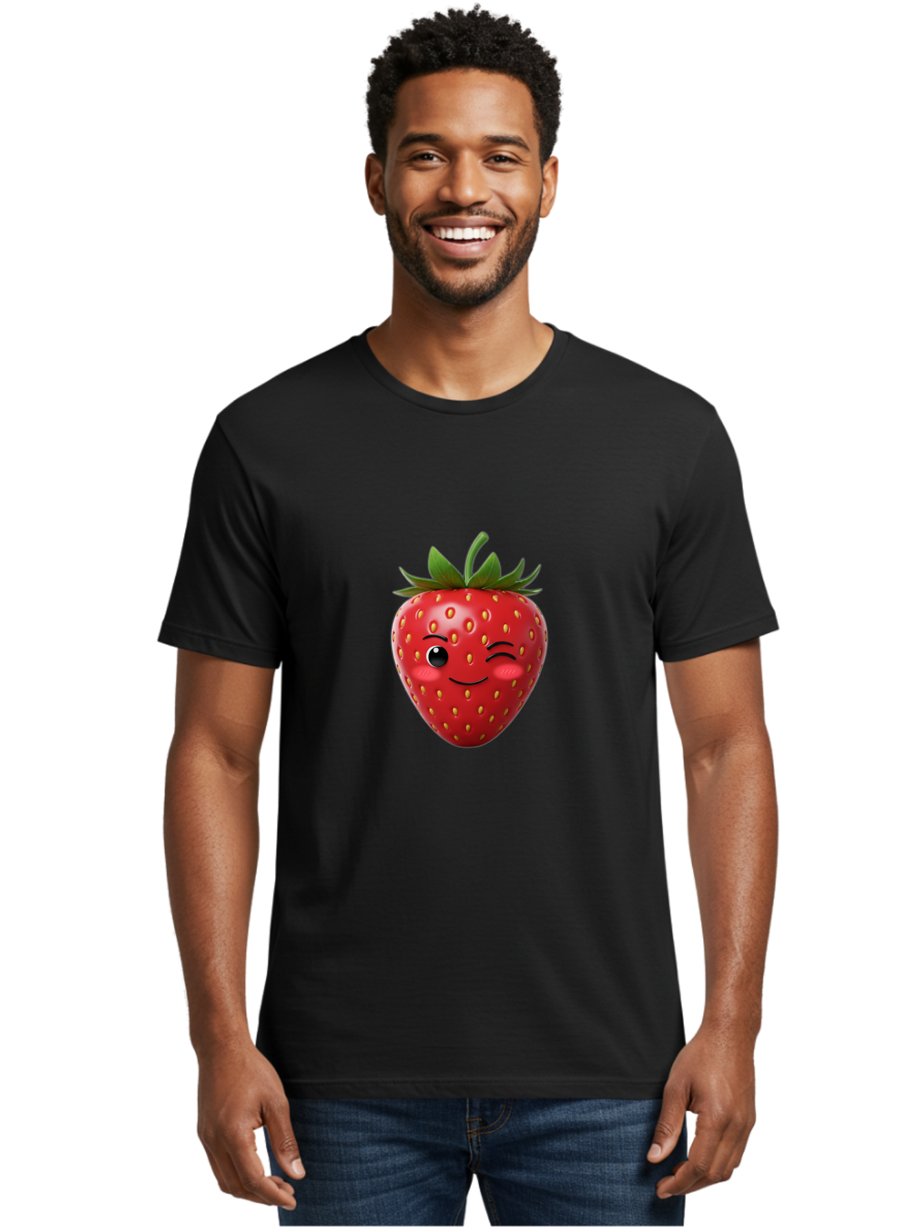 Winking-Strawberry-2 Men'S Graphic Tee, 100% Cotton, Comfortable Casual Summer Wear, Machine Washable, Winking Strawberry, Smiling Face, Cartoon Character, Fruit Illustration, Red Strawberry, Yellow Seeds, Green Leaves, Fun Design, Cute Emoji, Bac559 16