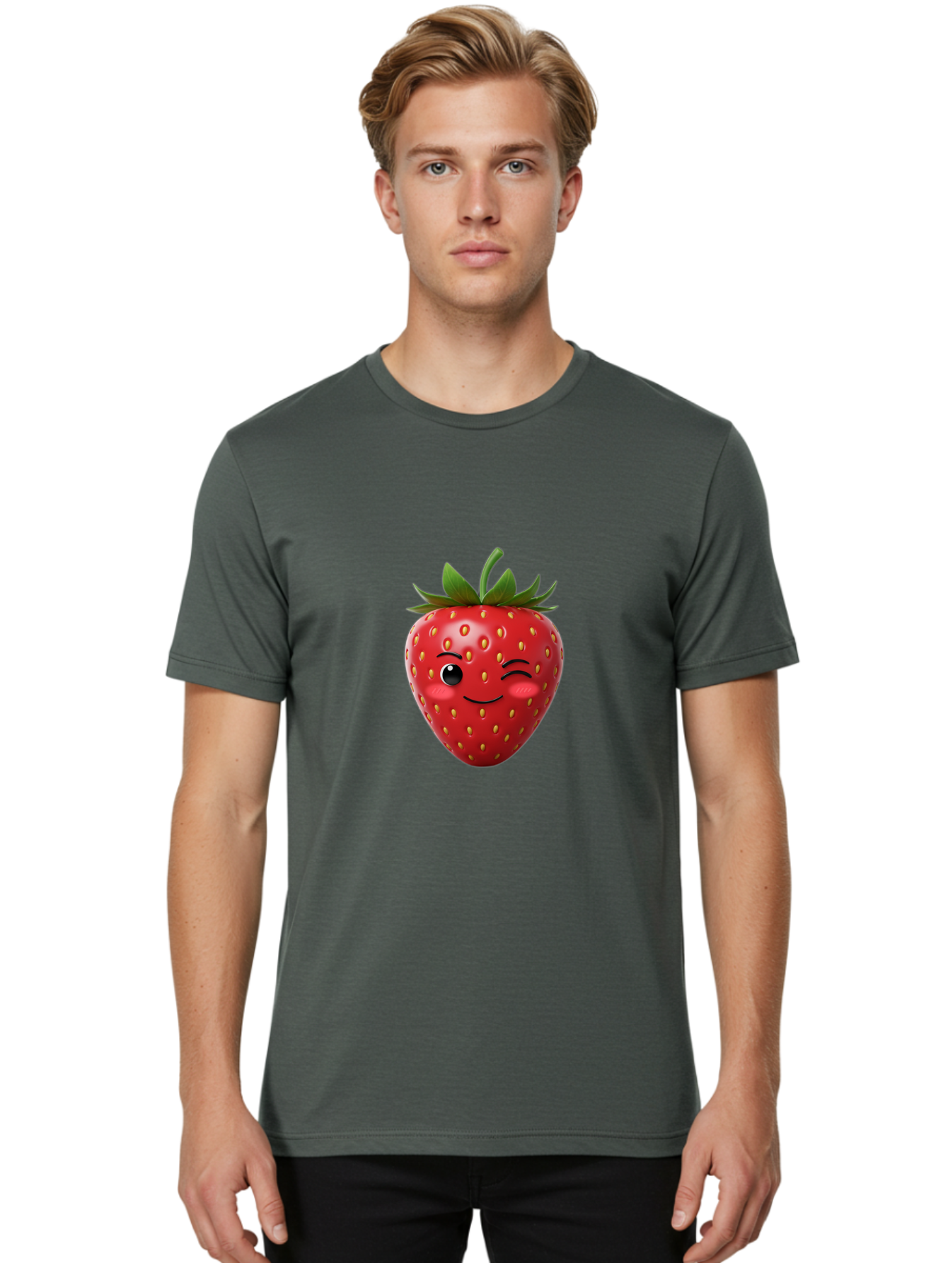 Winking-Strawberry-2 Men'S Graphic Tee, 100% Cotton, Comfortable Casual Summer Wear, Machine Washable, Winking Strawberry, Smiling Face, Cartoon Character, Fruit Illustration, Red Strawberry, Yellow Seeds, Green Leaves, Fun Design, Cute Emoji, Bac559 28