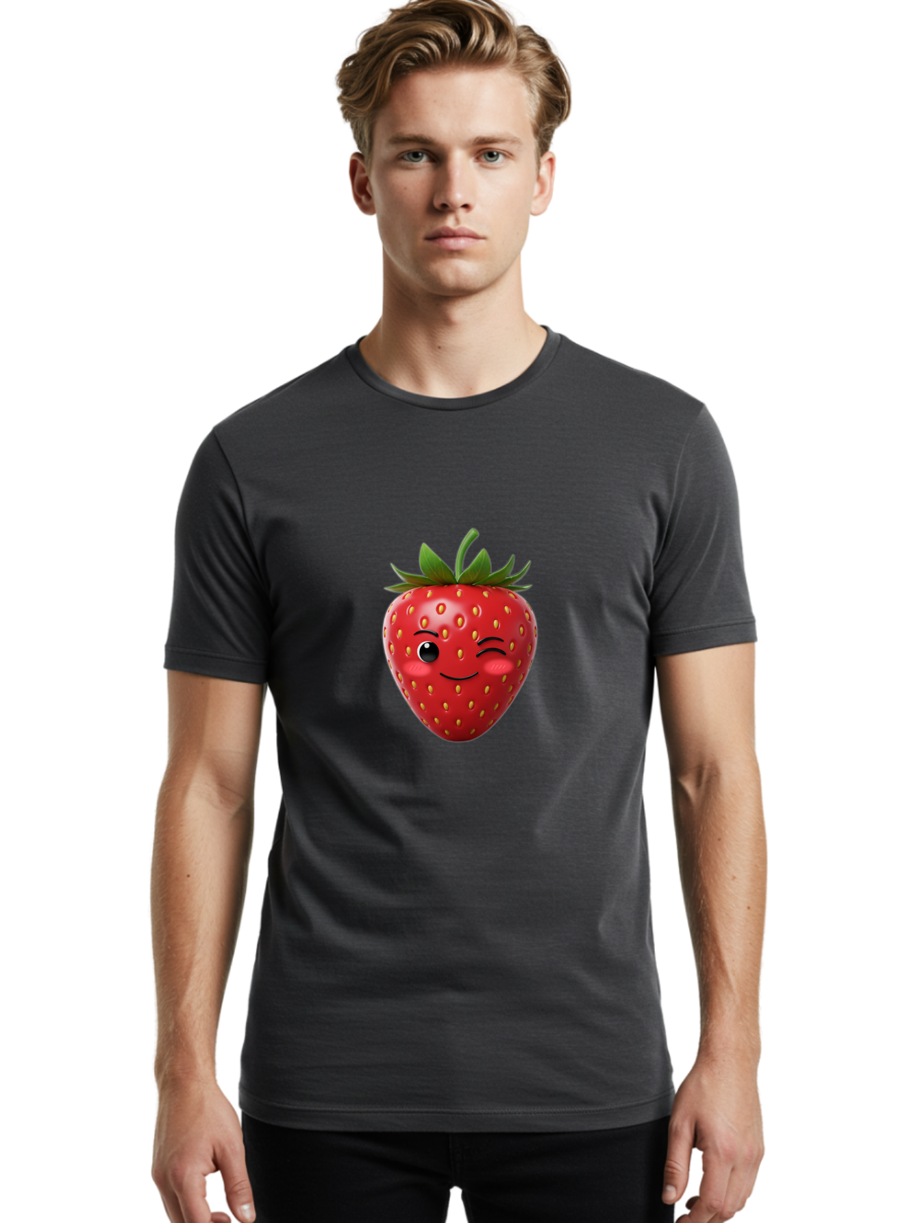 Winking-Strawberry-2 Men'S Graphic Tee, 100% Cotton, Comfortable Casual Summer Wear, Machine Washable, Winking Strawberry, Smiling Face, Cartoon Character, Fruit Illustration, Red Strawberry, Yellow Seeds, Green Leaves, Fun Design, Cute Emoji, Bac559 22