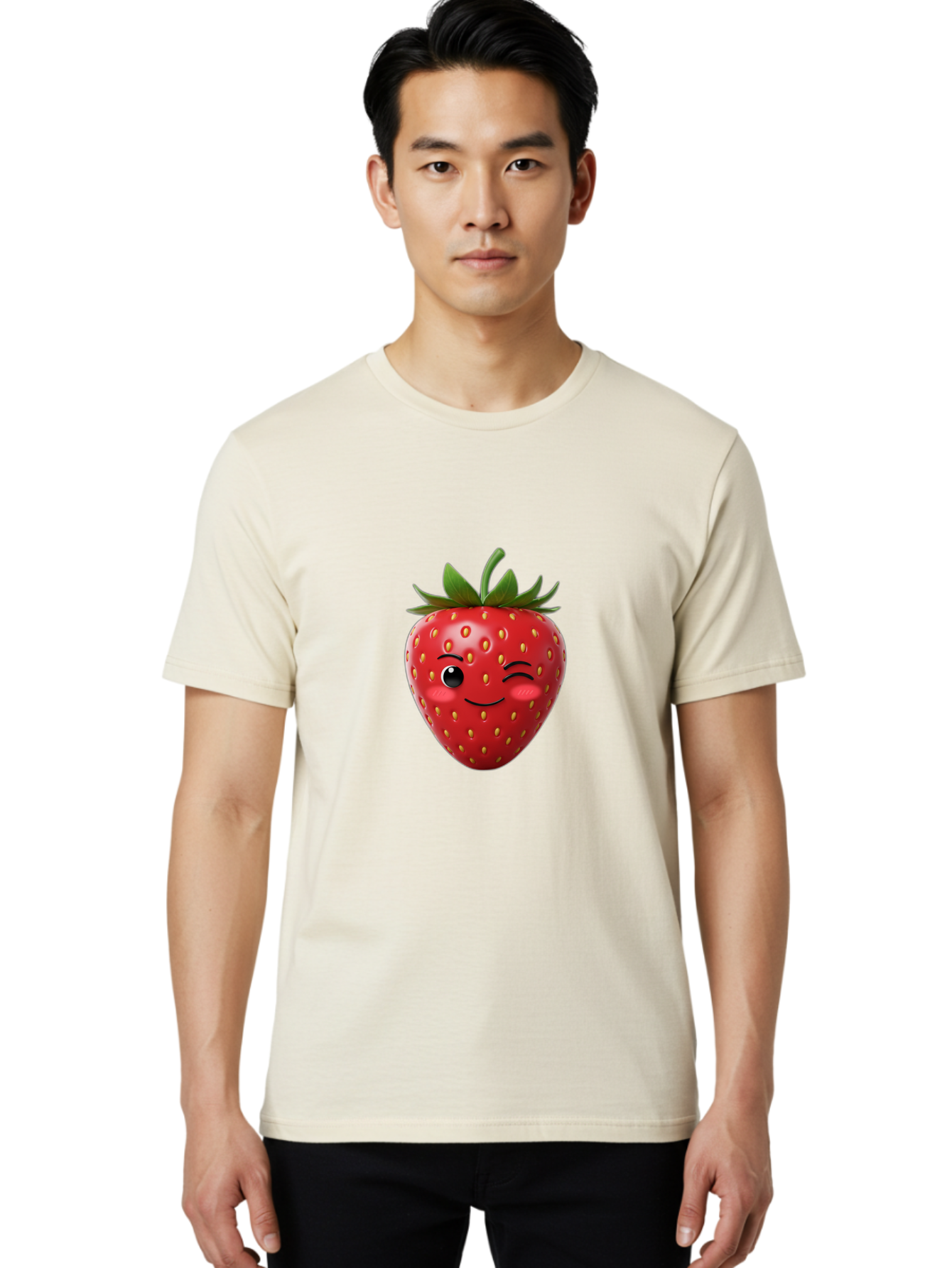 Winking-Strawberry-2 Men'S Graphic Tee, 100% Cotton, Comfortable Casual Summer Wear, Machine Washable, Winking Strawberry, Smiling Face, Cartoon Character, Fruit Illustration, Red Strawberry, Yellow Seeds, Green Leaves, Fun Design, Cute Emoji, Bac559 24