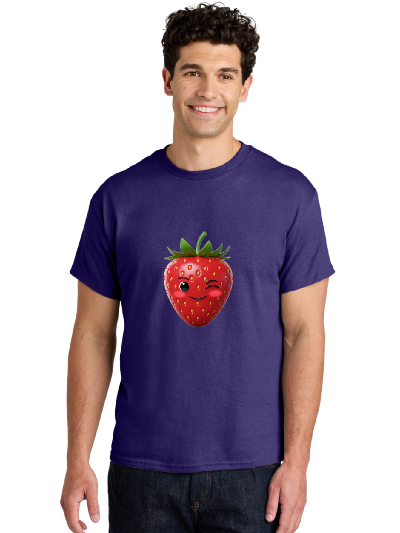 Winking-Strawberry-2 Men'S Graphic Tee, 100% Cotton, Comfortable Casual Summer Wear, Machine Washable, Winking Strawberry, Smiling Face, Cartoon Character, Fruit Illustration, Red Strawberry, Yellow Seeds, Green Leaves, Fun Design, Cute Emoji, Bac559 26