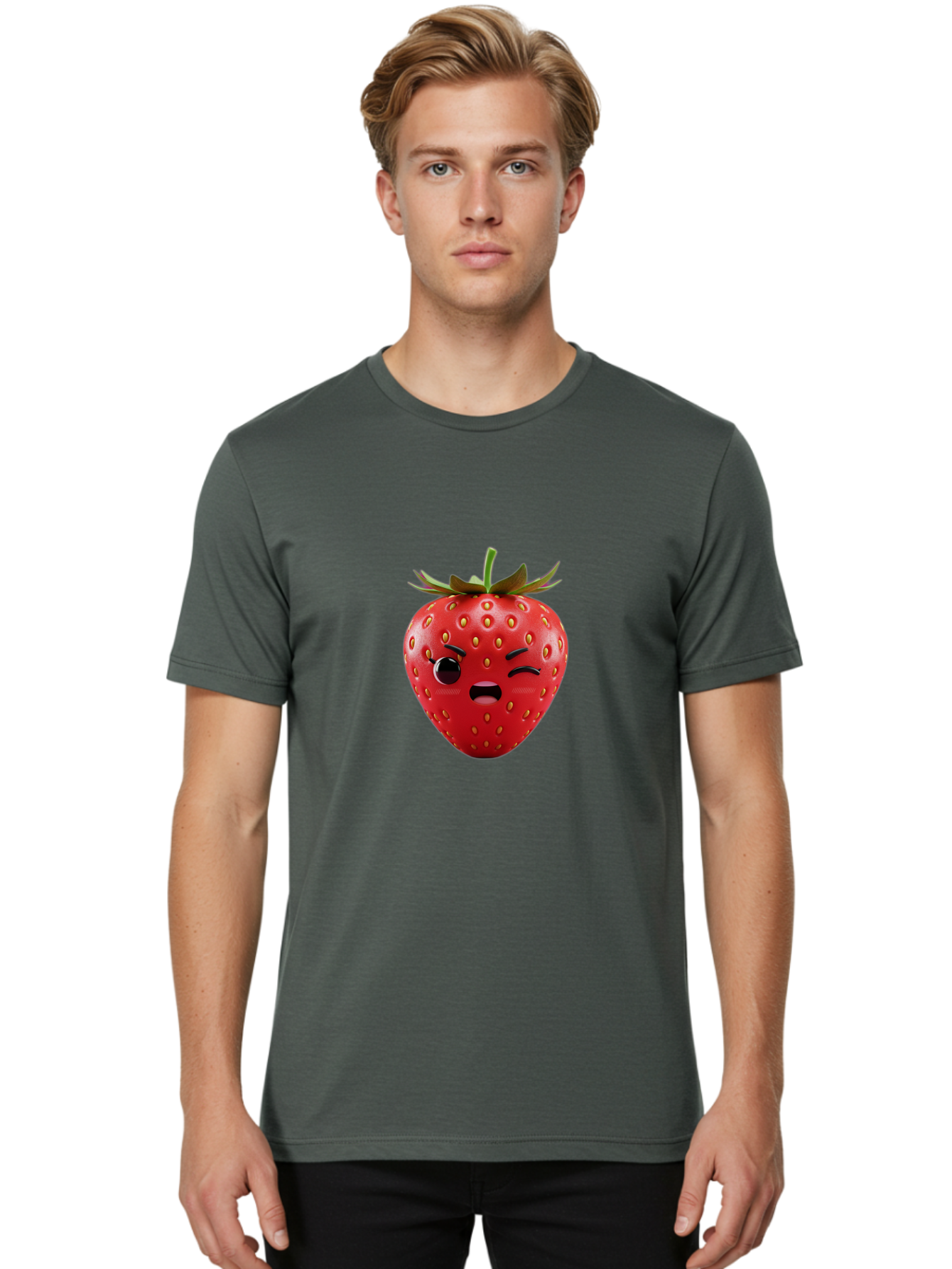 Winking-Strawberry-3 Men'S Graphic Tee, 100% Cotton, Comfortable Casual Summer Wear, Machine Washable, Winking Strawberry, Cartoon Fruit, Quirky Character, Comical Expression, Funny Face, Red Strawberry, Playful Design, Fruit Emoji, Bac560 21