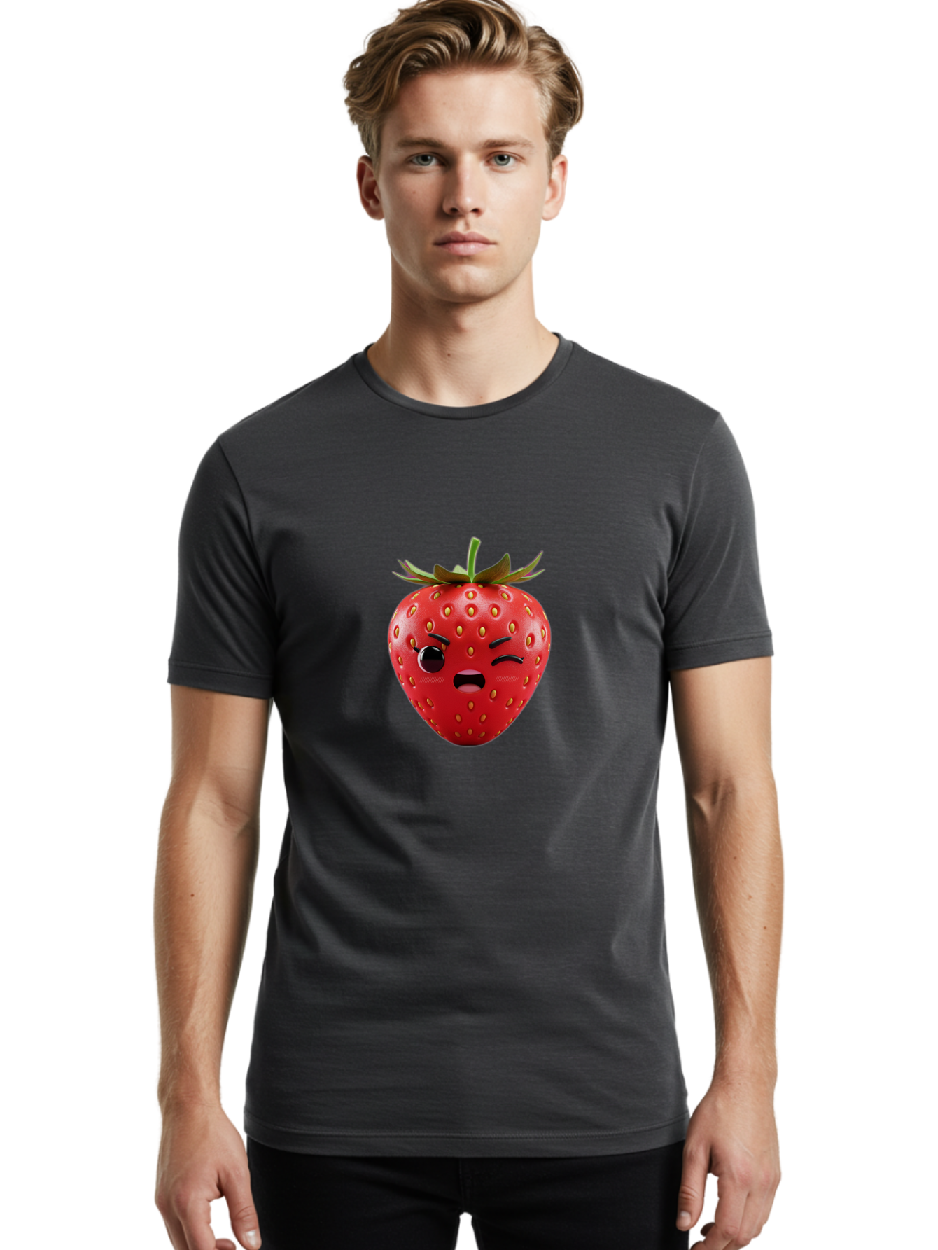 Winking-Strawberry-3 Men'S Graphic Tee, 100% Cotton, Comfortable Casual Summer Wear, Machine Washable, Winking Strawberry, Cartoon Fruit, Quirky Character, Comical Expression, Funny Face, Red Strawberry, Playful Design, Fruit Emoji, Bac560 28