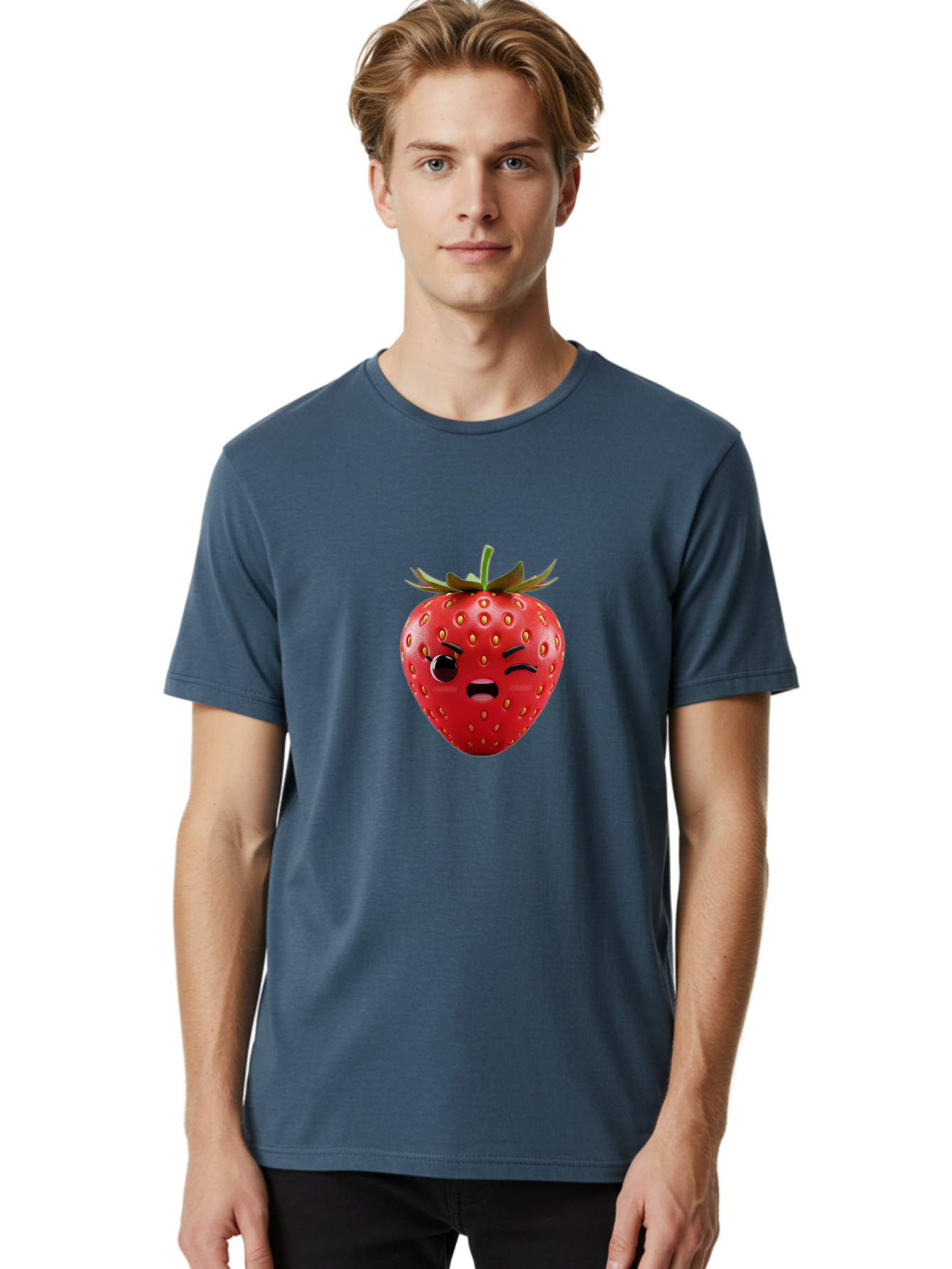 Winking-Strawberry-3 Men'S Graphic Tee, 100% Cotton, Comfortable Casual Summer Wear, Machine Washable, Winking Strawberry, Cartoon Fruit, Quirky Character, Comical Expression, Funny Face, Red Strawberry, Playful Design, Fruit Emoji, Bac560 26