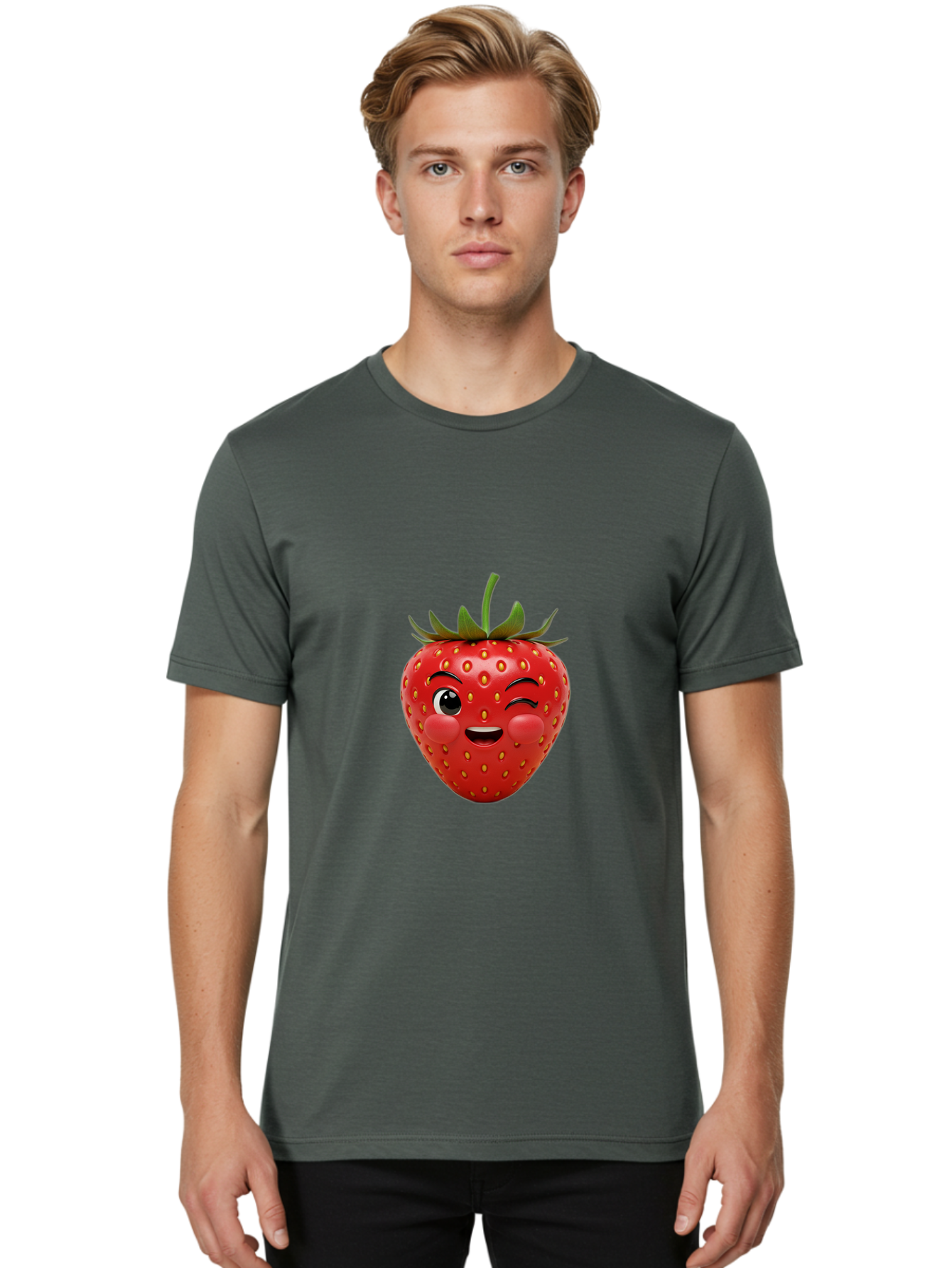 Winking-Strawberry-4 Men'S Graphic Tee, 100% Cotton, Comfortable Casual Summer Wear, Machine Washable, Cartoon Strawberry, Winking Face, Playful Fruit, Cute Emoji, Strawberry Character, Fun Illustration, Fresh Fruit, Sweet Treat, Bac561 19
