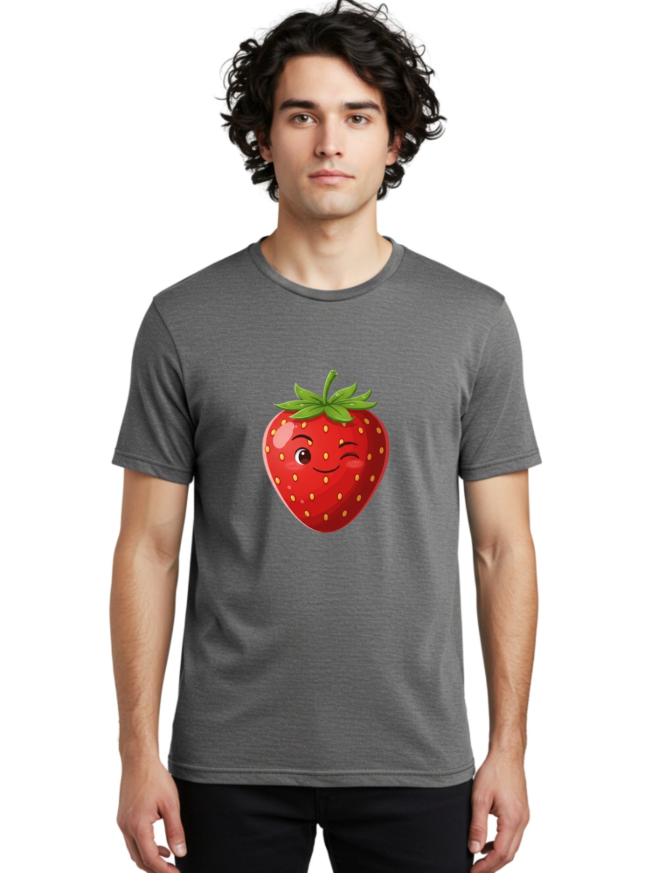 Winking-Strawberry-5 Men'S Graphic Tee, 100% Cotton, Comfortable Casual Summer Wear, Machine Washable, Strawberry With Face, Winking Strawberry, Cartoon Fruit, Smiling Fruit, Red Strawberry, Yellow Seeds, Green Leaves, Playful Character, Bac562 26