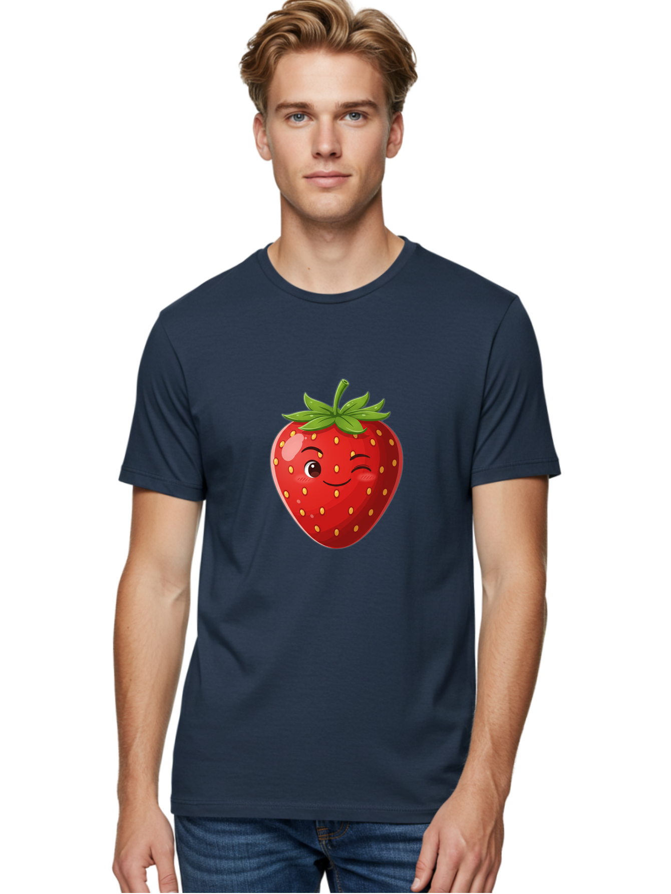 Winking-Strawberry-5 Men'S Graphic Tee, 100% Cotton, Comfortable Casual Summer Wear, Machine Washable, Strawberry With Face, Winking Strawberry, Cartoon Fruit, Smiling Fruit, Red Strawberry, Yellow Seeds, Green Leaves, Playful Character, Bac562 30