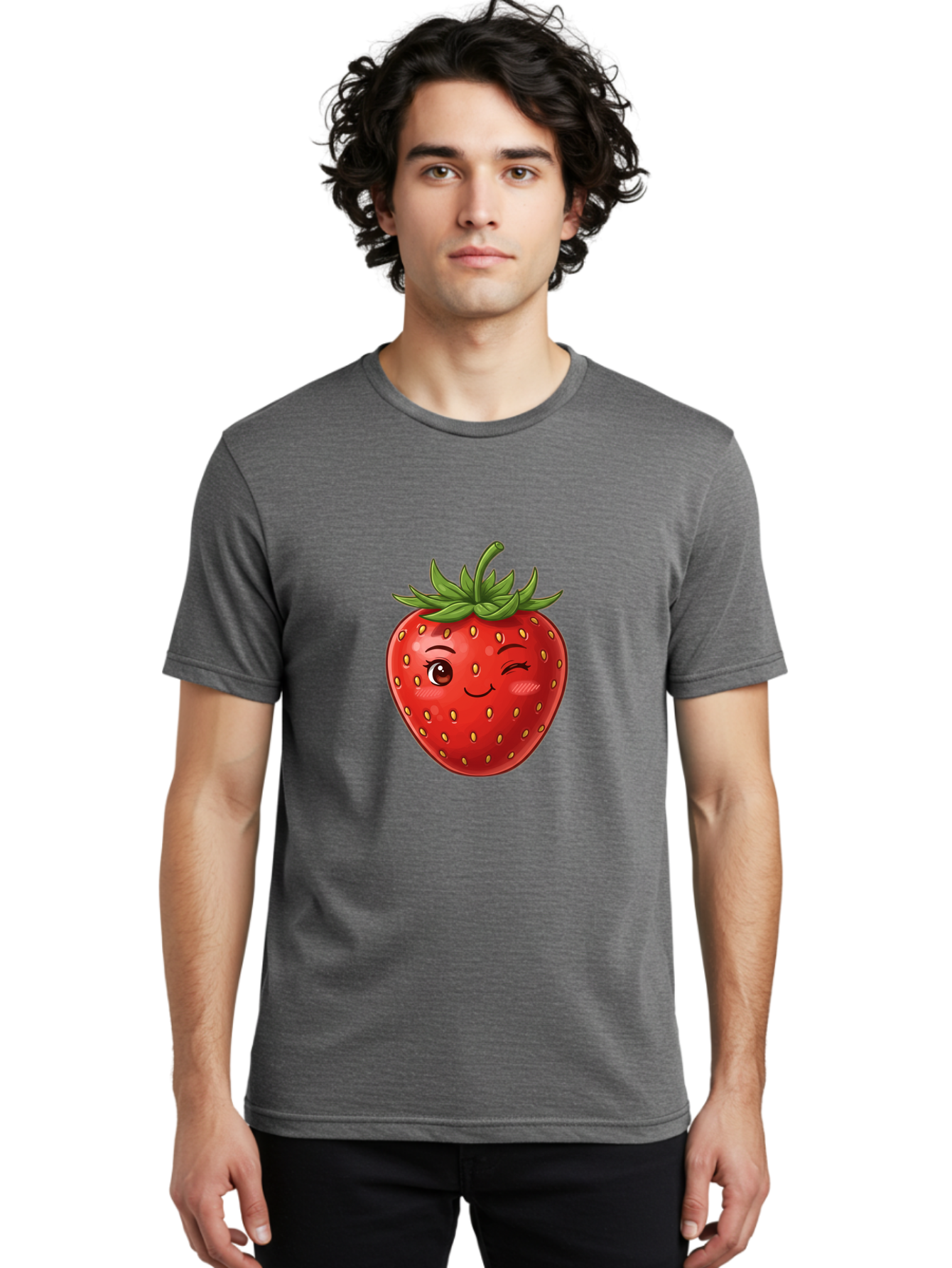 Winking-Strawberry-6 Men'S Graphic Tee, 100% Cotton, Comfortable Casual Summer Wear, Machine Washable, Winking Strawberry, Cartoon Fruit, Cute Face, Red Strawberry, Healthy Snack, Sweet Treat, Playful Emoji, Vibrant Red, Yellow Seeds, Bac563 29