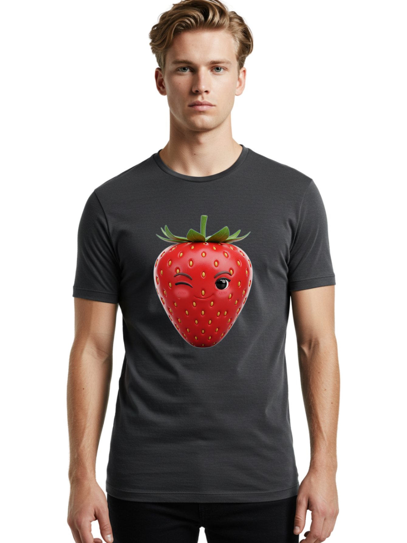Winking-Strawberry-8 Men'S Graphic Tee, 100% Cotton, Comfortable Casual Summer Wear, Machine Washable, Cartoon Strawberry, Winking Face, Anthropomorphic Fruit, Red Fruit, Yellow Seeds, Green Leaves, Playful Expression, Whimsical Character, Bac565 28