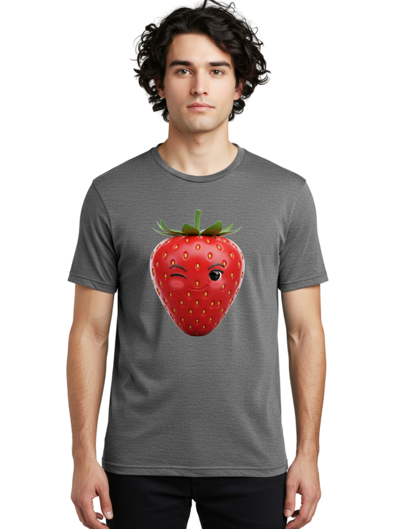 Winking-Strawberry-8 Men'S Graphic Tee, 100% Cotton, Comfortable Casual Summer Wear, Machine Washable, Cartoon Strawberry, Winking Face, Anthropomorphic Fruit, Red Fruit, Yellow Seeds, Green Leaves, Playful Expression, Whimsical Character, Bac565 21