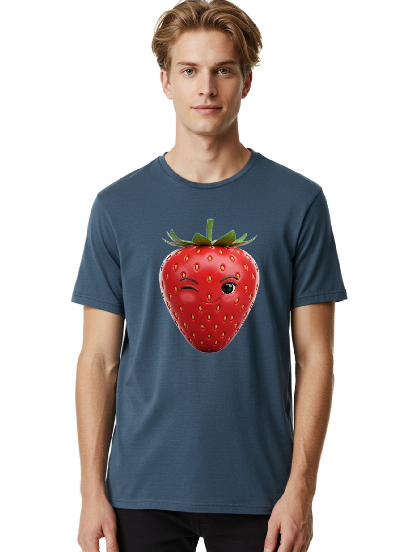 Winking-Strawberry-8 Men'S Graphic Tee, 100% Cotton, Comfortable Casual Summer Wear, Machine Washable, Cartoon Strawberry, Winking Face, Anthropomorphic Fruit, Red Fruit, Yellow Seeds, Green Leaves, Playful Expression, Whimsical Character, Bac565 18