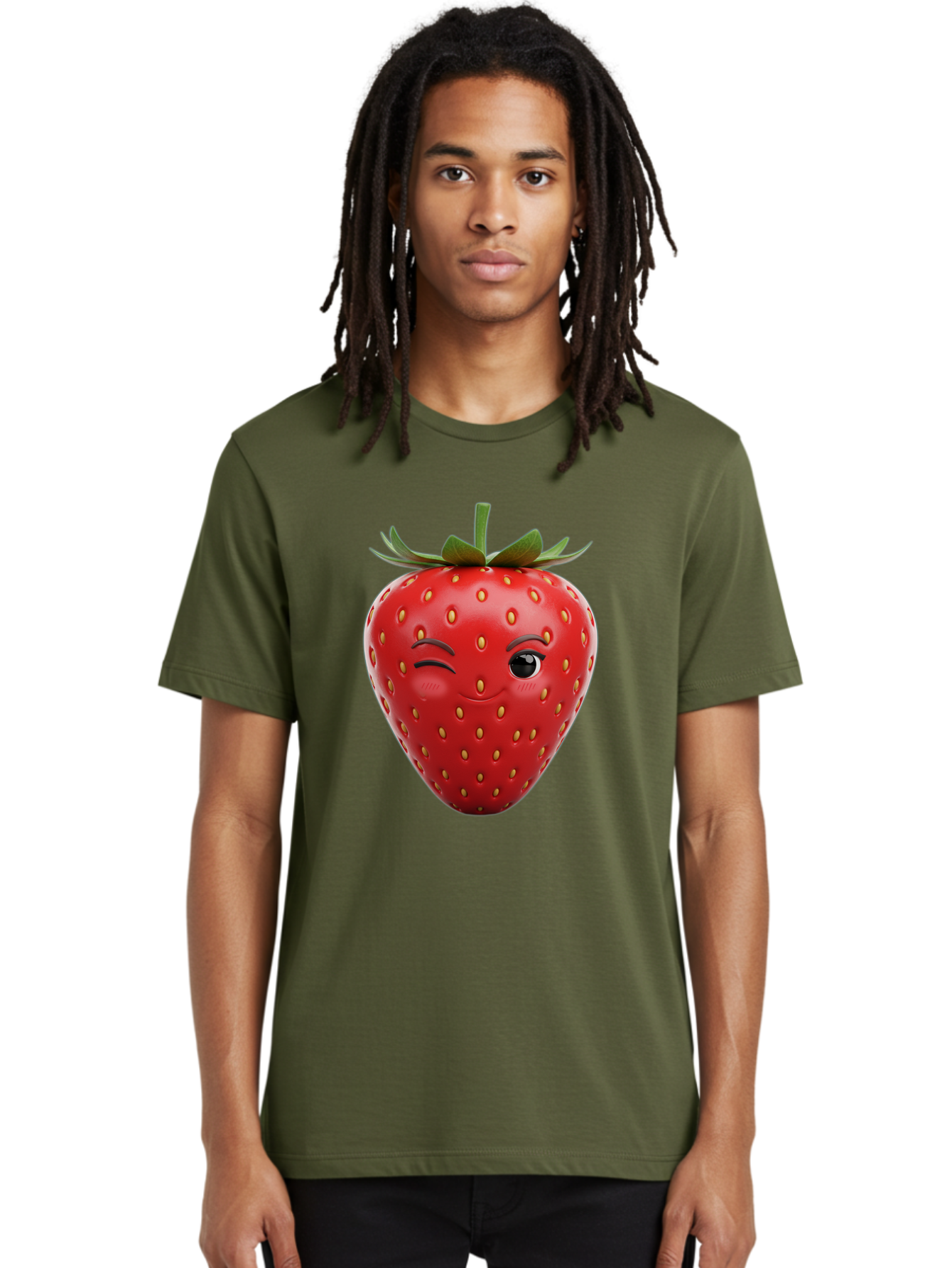 Winking-Strawberry-8 Men'S Graphic Tee, 100% Cotton, Comfortable Casual Summer Wear, Machine Washable, Cartoon Strawberry, Winking Face, Anthropomorphic Fruit, Red Fruit, Yellow Seeds, Green Leaves, Playful Expression, Whimsical Character, Bac565 16