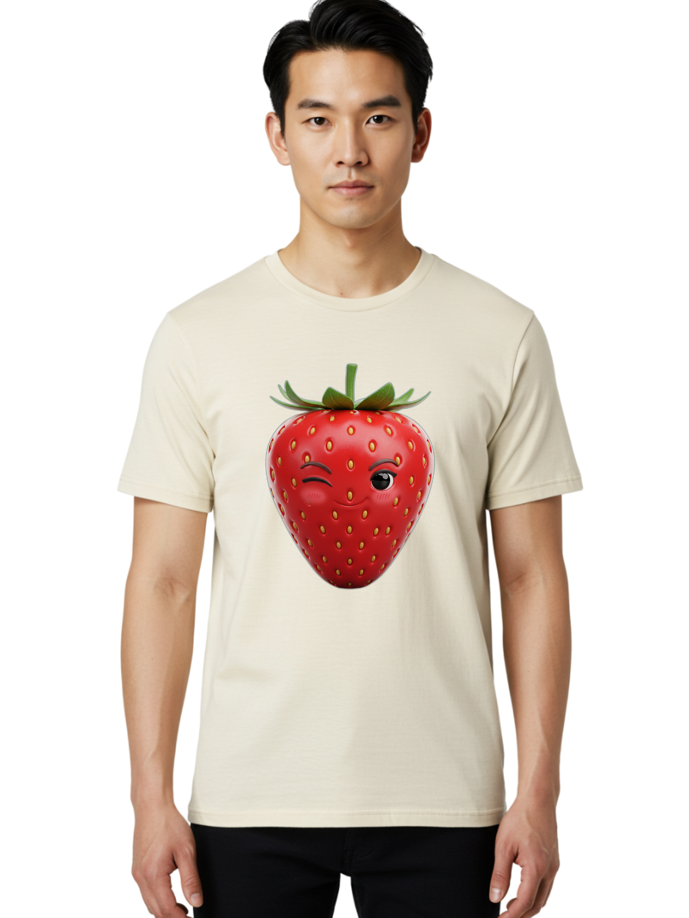 Winking-Strawberry-8 Men'S Graphic Tee, 100% Cotton, Comfortable Casual Summer Wear, Machine Washable, Cartoon Strawberry, Winking Face, Anthropomorphic Fruit, Red Fruit, Yellow Seeds, Green Leaves, Playful Expression, Whimsical Character, Bac565 24