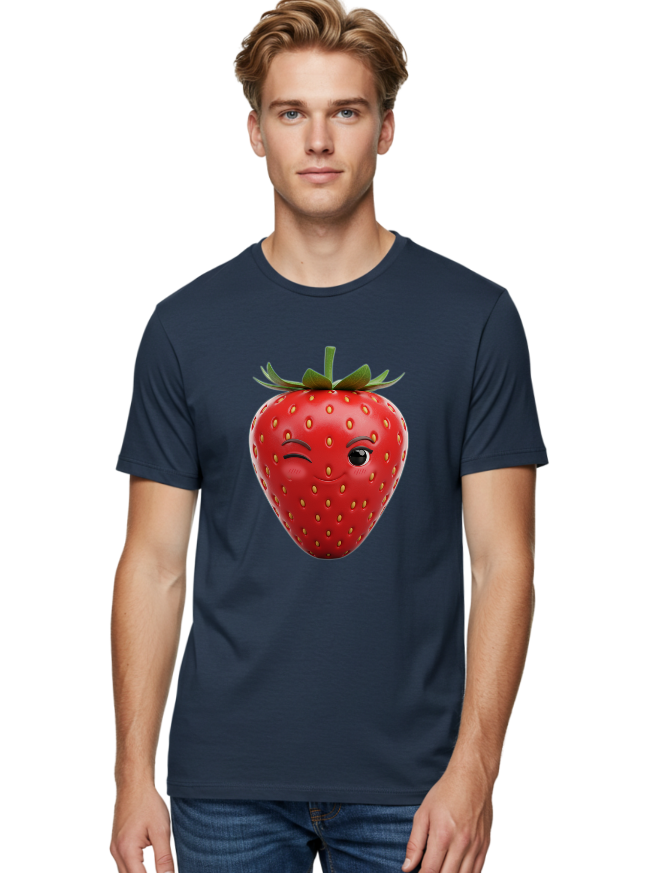 Winking-Strawberry-8 Men'S Graphic Tee, 100% Cotton, Comfortable Casual Summer Wear, Machine Washable, Cartoon Strawberry, Winking Face, Anthropomorphic Fruit, Red Fruit, Yellow Seeds, Green Leaves, Playful Expression, Whimsical Character, Bac565 22