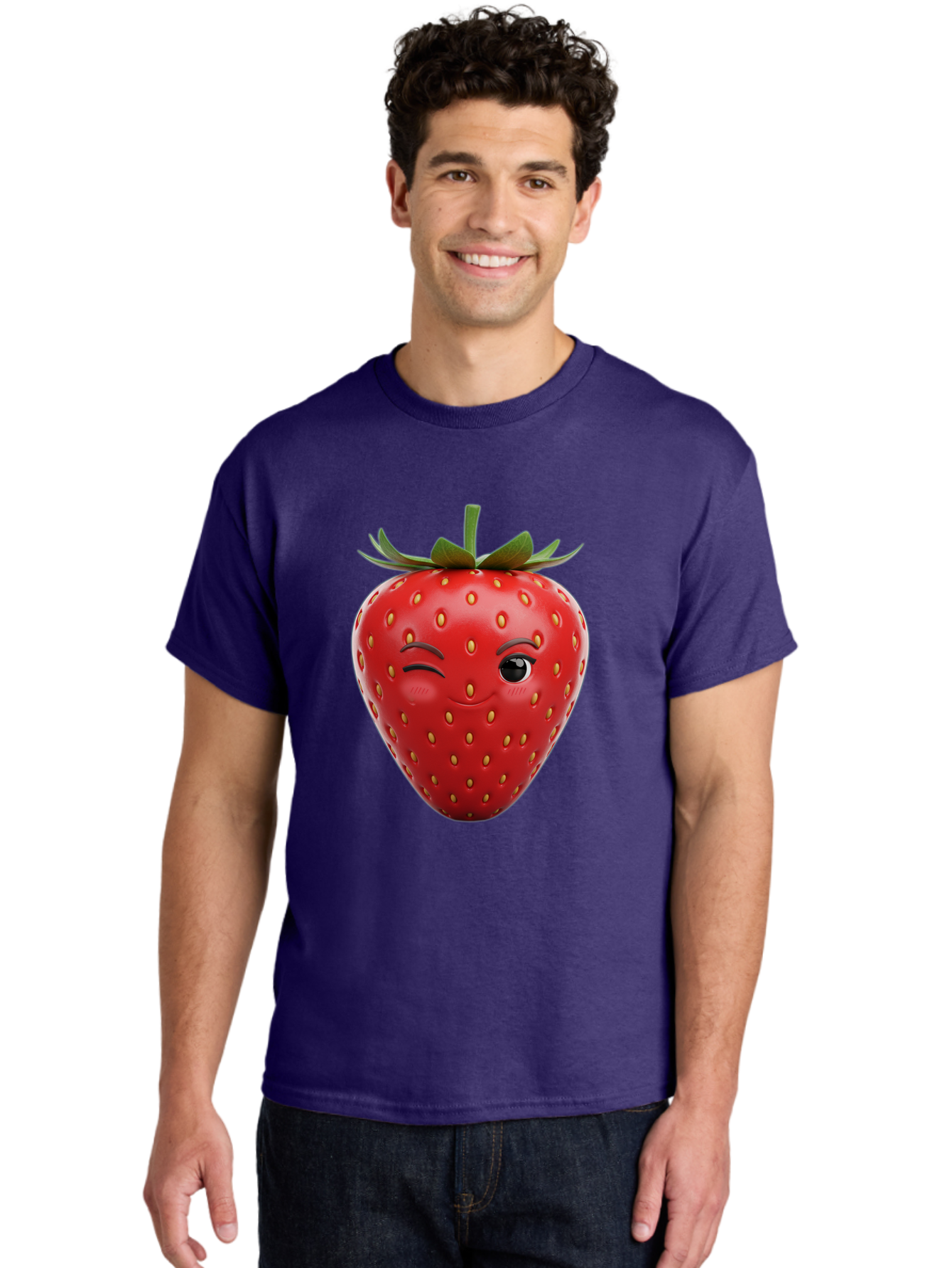 Winking-Strawberry-8 Men'S Graphic Tee, 100% Cotton, Comfortable Casual Summer Wear, Machine Washable, Cartoon Strawberry, Winking Face, Anthropomorphic Fruit, Red Fruit, Yellow Seeds, Green Leaves, Playful Expression, Whimsical Character, Bac565 29