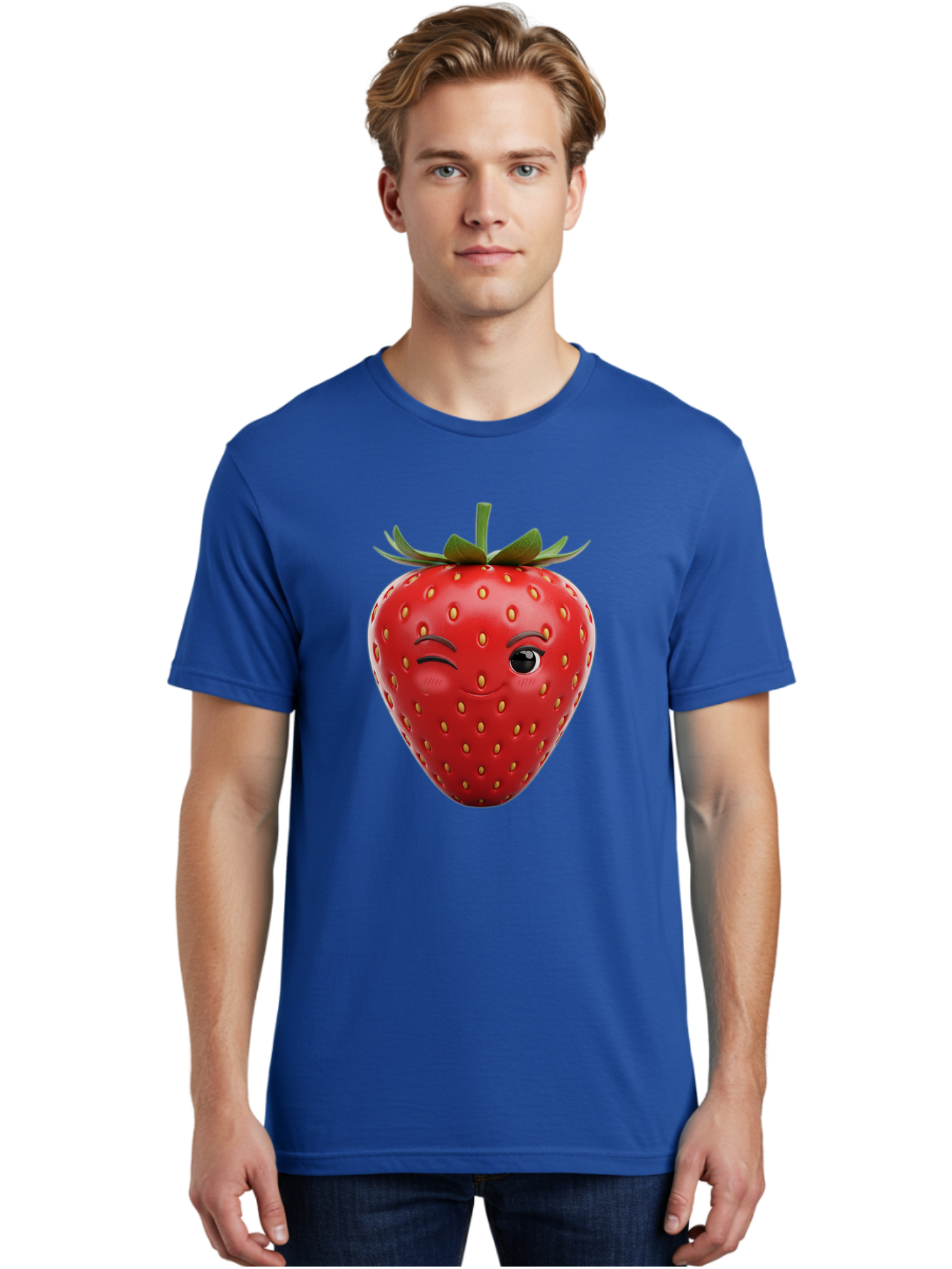 Winking-Strawberry-8 Men'S Graphic Tee, 100% Cotton, Comfortable Casual Summer Wear, Machine Washable, Cartoon Strawberry, Winking Face, Anthropomorphic Fruit, Red Fruit, Yellow Seeds, Green Leaves, Playful Expression, Whimsical Character, Bac565 20