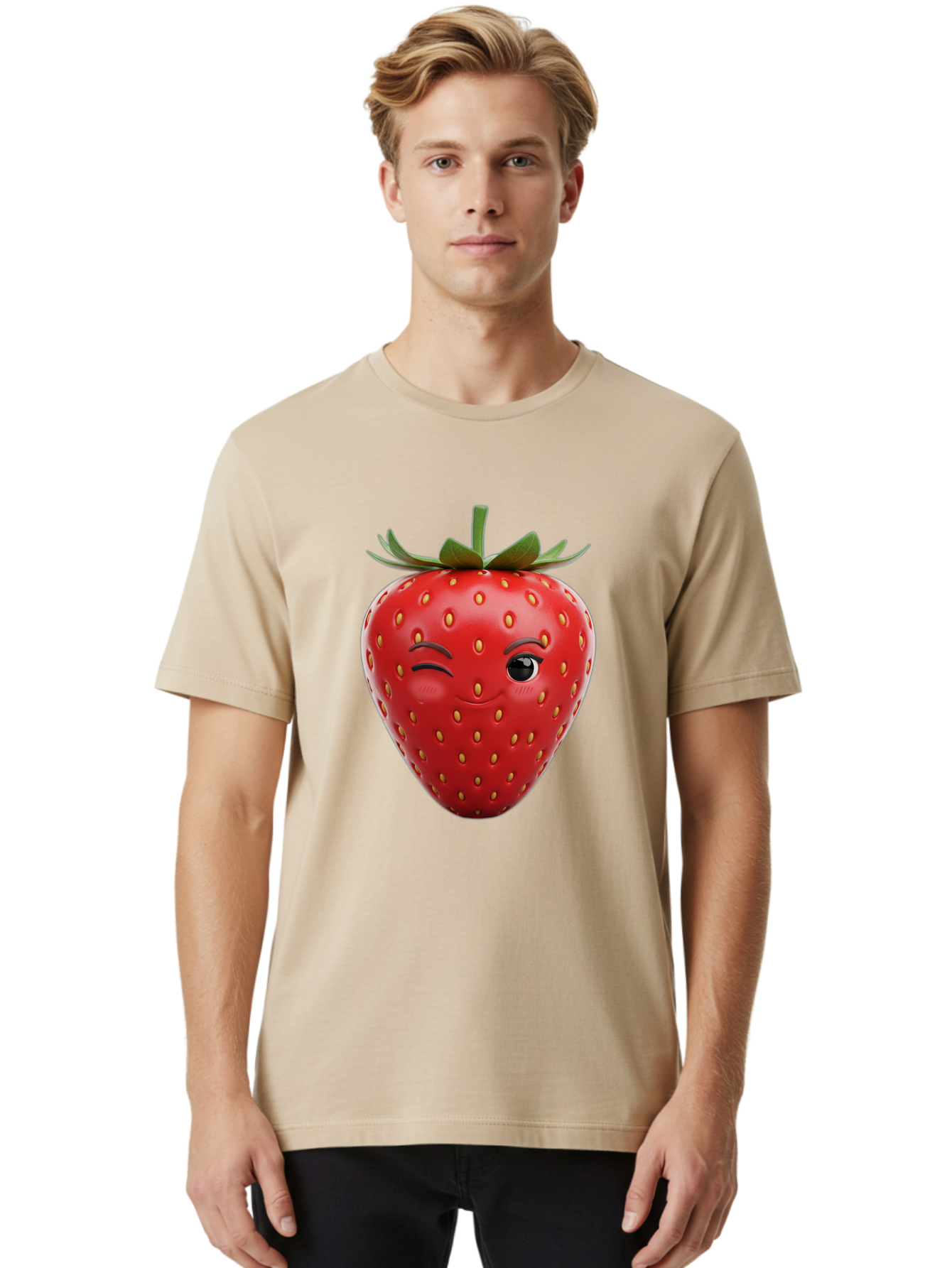 Winking-Strawberry-8 Men'S Graphic Tee, 100% Cotton, Comfortable Casual Summer Wear, Machine Washable, Cartoon Strawberry, Winking Face, Anthropomorphic Fruit, Red Fruit, Yellow Seeds, Green Leaves, Playful Expression, Whimsical Character, Bac565 30