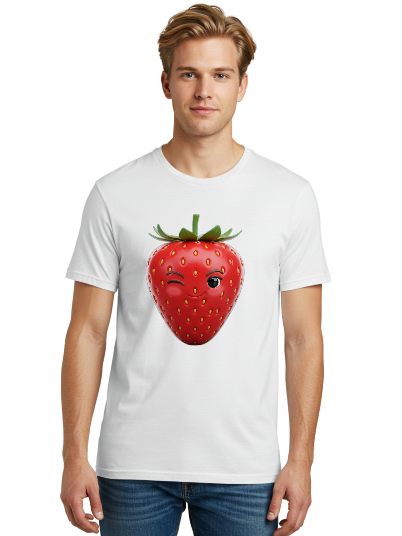 Winking-Strawberry-8 Men'S Graphic Tee, 100% Cotton, Comfortable Casual Summer Wear, Machine Washable, Cartoon Strawberry, Winking Face, Anthropomorphic Fruit, Red Fruit, Yellow Seeds, Green Leaves, Playful Expression, Whimsical Character, Bac565 19