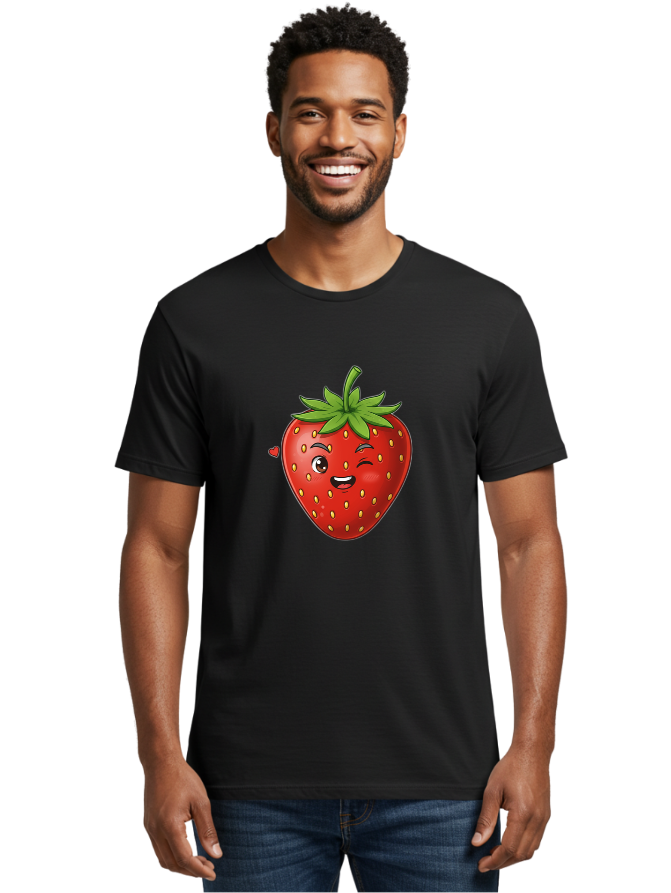 Winking-Strawberry Men'S Graphic Tee, 100% Cotton, Comfortable Casual Summer Wear, Machine Washable, Cartoon Strawberry, Winking Face, Cute Character, Red Fruit, Green Leaves, Yellow Seeds, Playful Vibe, Sweet Treat, Kawaii Icon, Bac567 24