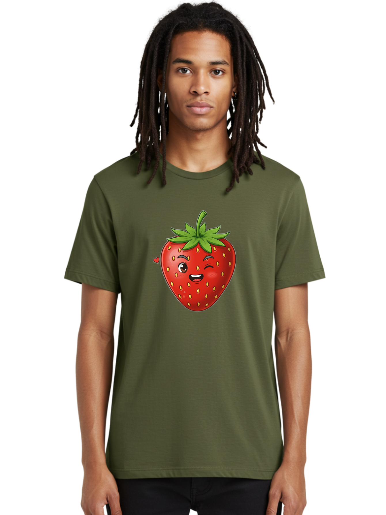 Winking-Strawberry Men'S Graphic Tee, 100% Cotton, Comfortable Casual Summer Wear, Machine Washable, Cartoon Strawberry, Winking Face, Cute Character, Red Fruit, Green Leaves, Yellow Seeds, Playful Vibe, Sweet Treat, Kawaii Icon, Bac567 27