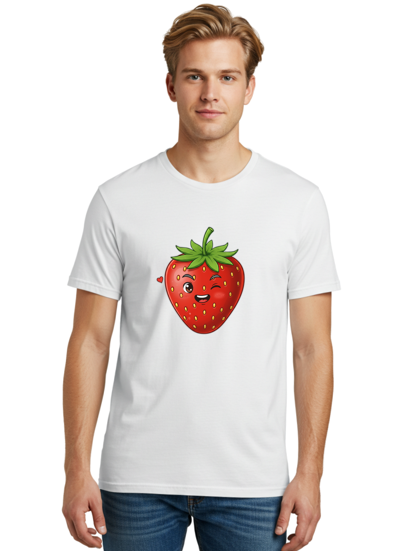 Winking-Strawberry Men'S Graphic Tee, 100% Cotton, Comfortable Casual Summer Wear, Machine Washable, Cartoon Strawberry, Winking Face, Cute Character, Red Fruit, Green Leaves, Yellow Seeds, Playful Vibe, Sweet Treat, Kawaii Icon, Bac567 17