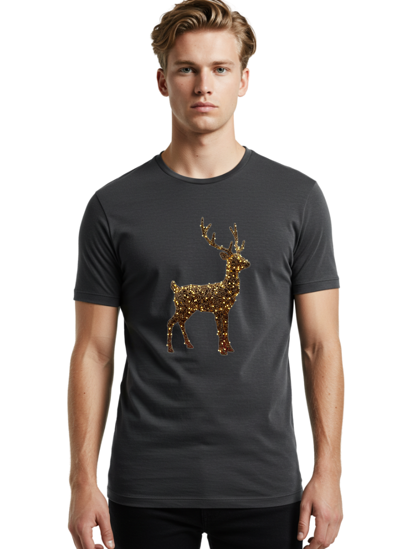 Wire-Reindeer Men'S Graphic Tee, 100% Cotton, Comfortable Casual Summer Wear, Machine Washable, Reindeer Decoration, Christmas Lights, Festive Decor, Holiday Display, Glowing Reindeer, Christmas Decoration, Outdoor Decor, Winter Wonderland Bac568 23