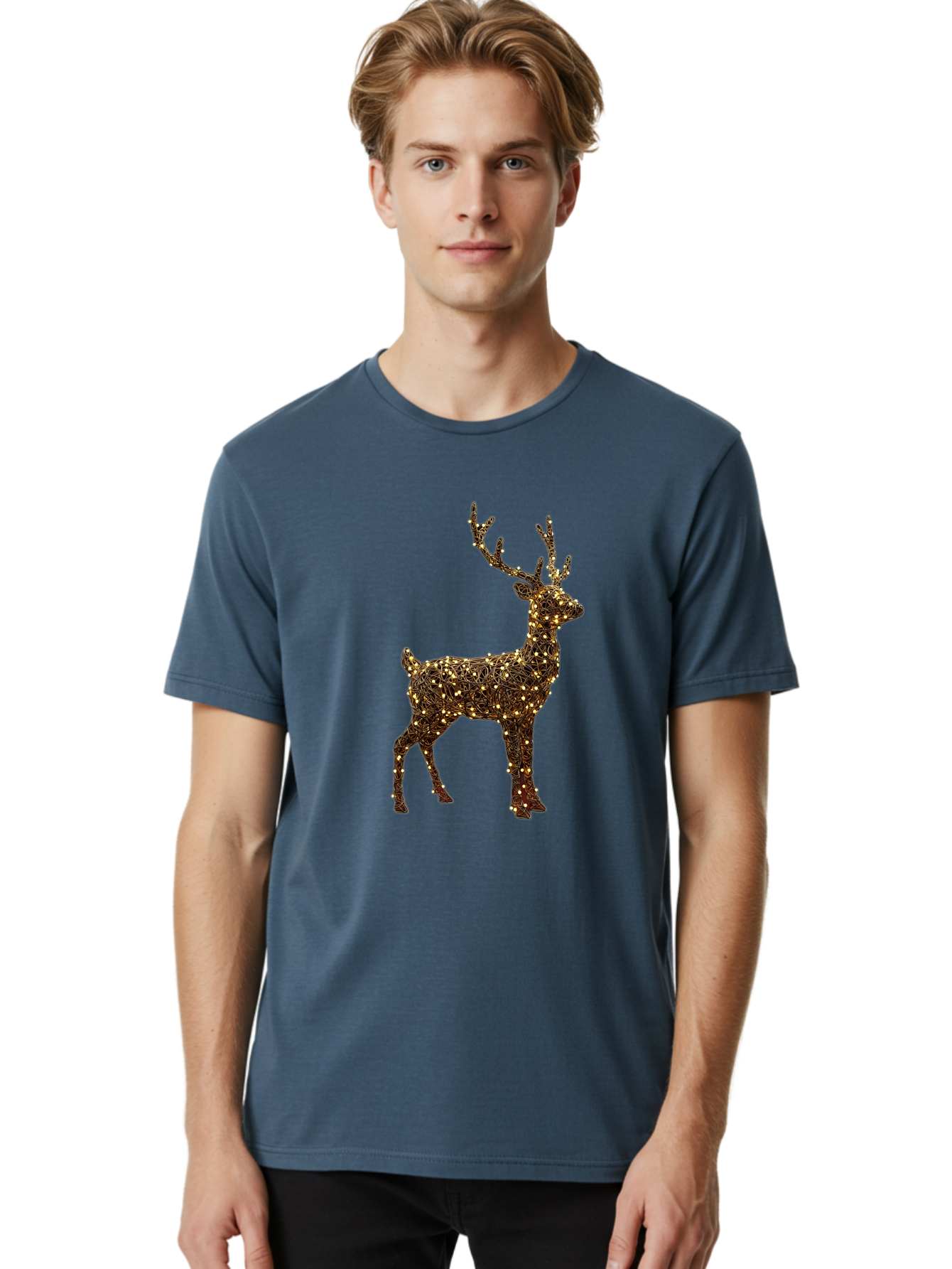 Wire-Reindeer Men'S Graphic Tee, 100% Cotton, Comfortable Casual Summer Wear, Machine Washable, Reindeer Decoration, Christmas Lights, Festive Decor, Holiday Display, Glowing Reindeer, Christmas Decoration, Outdoor Decor, Winter Wonderland Bac568 26