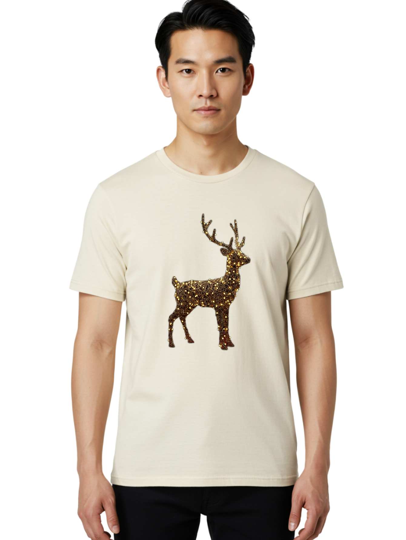 Wire-Reindeer Men'S Graphic Tee, 100% Cotton, Comfortable Casual Summer Wear, Machine Washable, Reindeer Decoration, Christmas Lights, Festive Decor, Holiday Display, Glowing Reindeer, Christmas Decoration, Outdoor Decor, Winter Wonderland Bac568 27