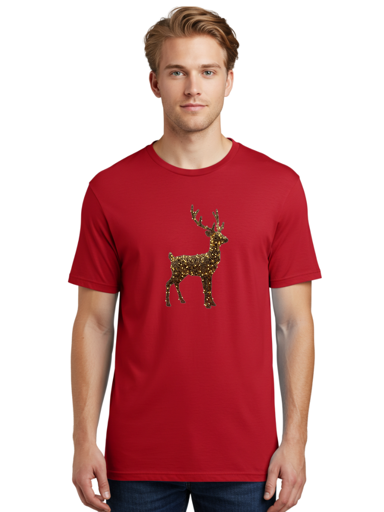 Wire-Reindeer Men'S Graphic Tee, 100% Cotton, Comfortable Casual Summer Wear, Machine Washable, Reindeer Decoration, Christmas Lights, Festive Decor, Holiday Display, Glowing Reindeer, Christmas Decoration, Outdoor Decor, Winter Wonderland Bac568 19