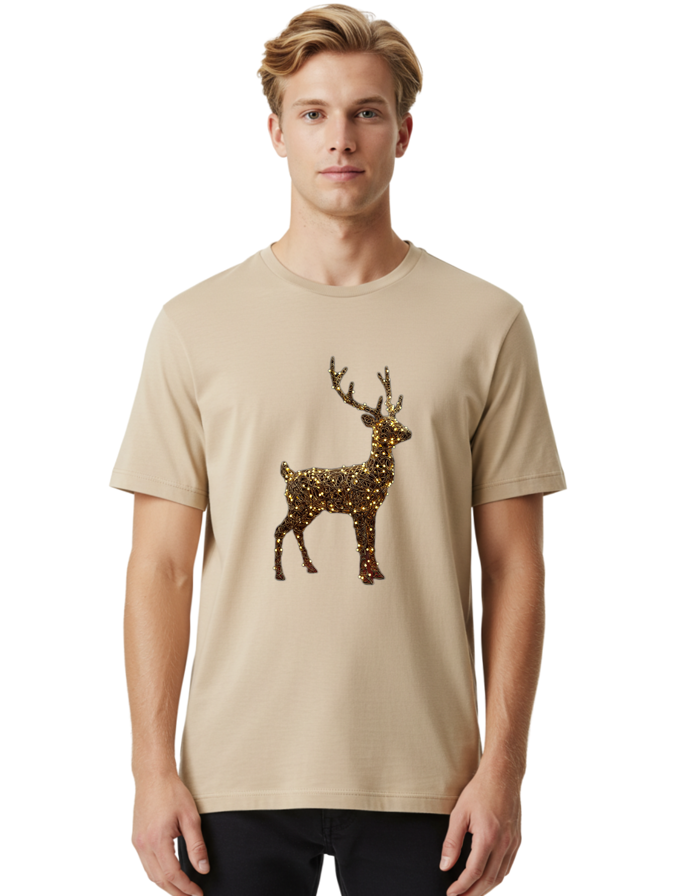 Wire-Reindeer Men'S Graphic Tee, 100% Cotton, Comfortable Casual Summer Wear, Machine Washable, Reindeer Decoration, Christmas Lights, Festive Decor, Holiday Display, Glowing Reindeer, Christmas Decoration, Outdoor Decor, Winter Wonderland Bac568 28