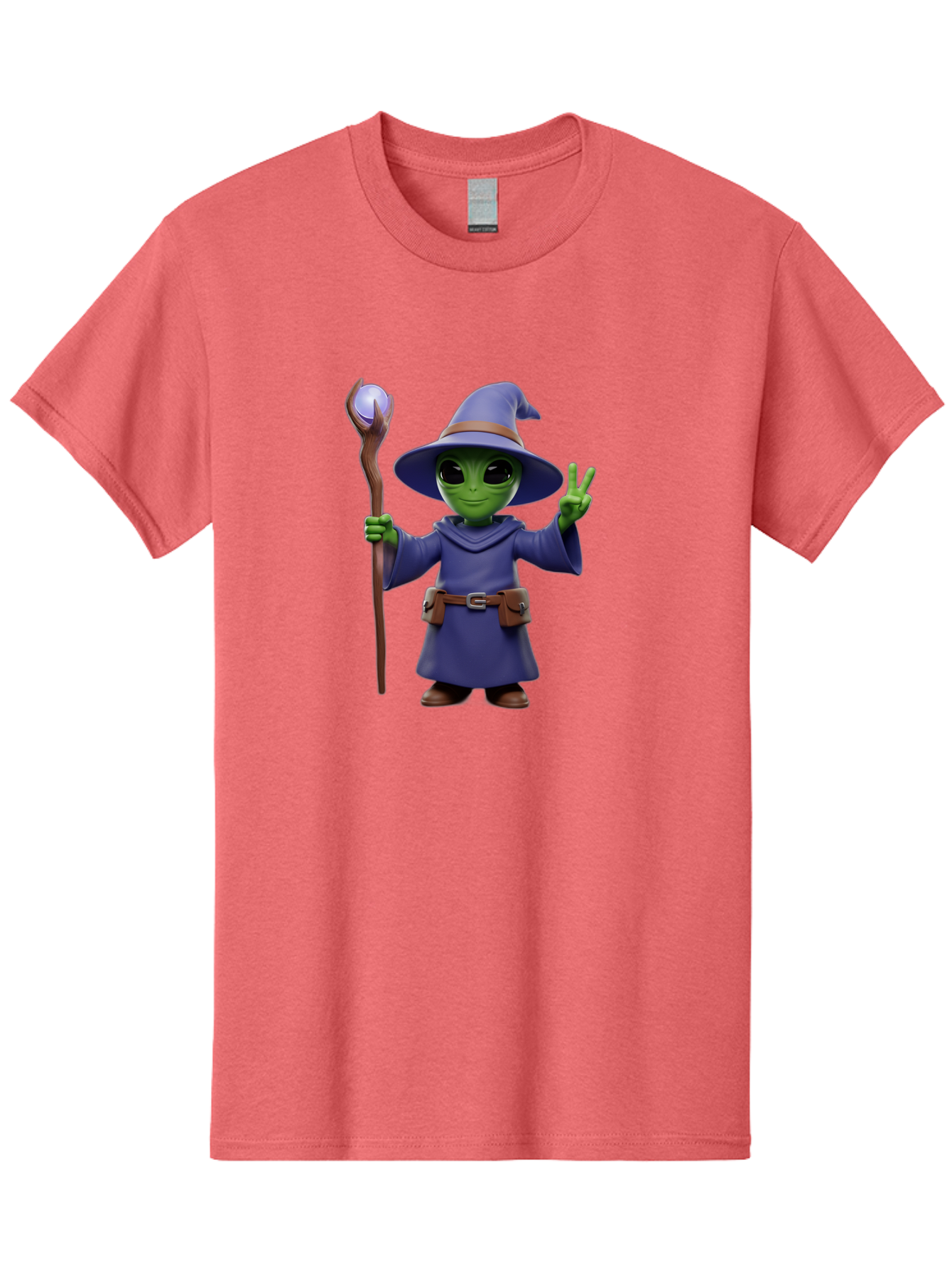 Wizard-Alien Men'S Graphic Tee, 100% Cotton, Comfortable Casual Summer Wear, Machine Washable, Cartoon Wizard, Alien Character, Fantasy Creature, Green Skin, Purple Robes, Magic Staff, Peace Sign, Mystical Powers, Otherworldly Being, Bac569 6