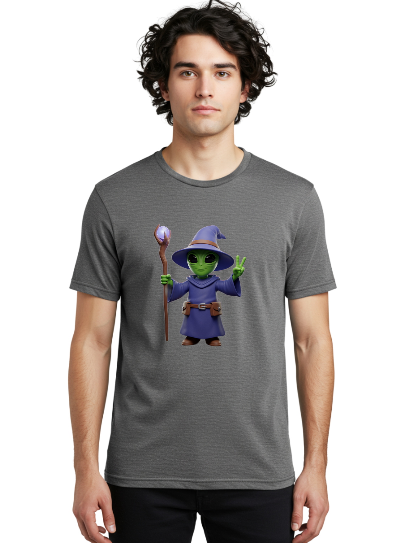 Wizard-Alien Men'S Graphic Tee, 100% Cotton, Comfortable Casual Summer Wear, Machine Washable, Cartoon Wizard, Alien Character, Fantasy Creature, Green Skin, Purple Robes, Magic Staff, Peace Sign, Mystical Powers, Otherworldly Being, Bac569 16