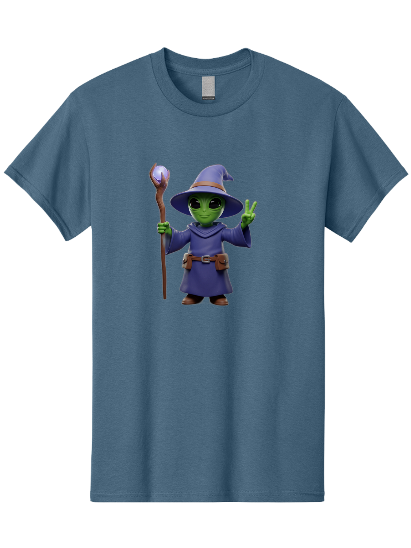 Wizard-Alien Men'S Graphic Tee, 100% Cotton, Comfortable Casual Summer Wear, Machine Washable, Cartoon Wizard, Alien Character, Fantasy Creature, Green Skin, Purple Robes, Magic Staff, Peace Sign, Mystical Powers, Otherworldly Being, Bac569 7