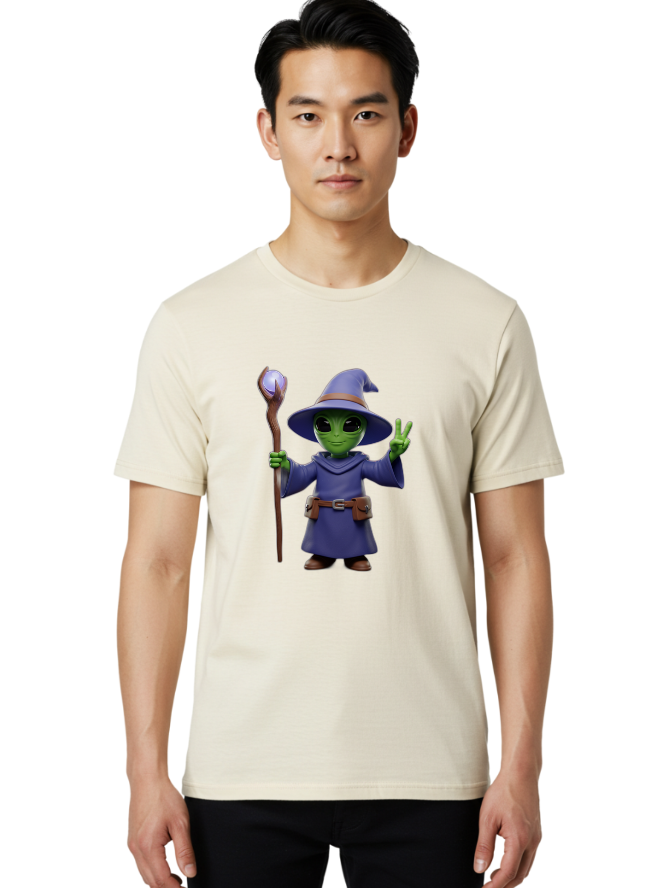 Wizard-Alien Men'S Graphic Tee, 100% Cotton, Comfortable Casual Summer Wear, Machine Washable, Cartoon Wizard, Alien Character, Fantasy Creature, Green Skin, Purple Robes, Magic Staff, Peace Sign, Mystical Powers, Otherworldly Being, Bac569 29