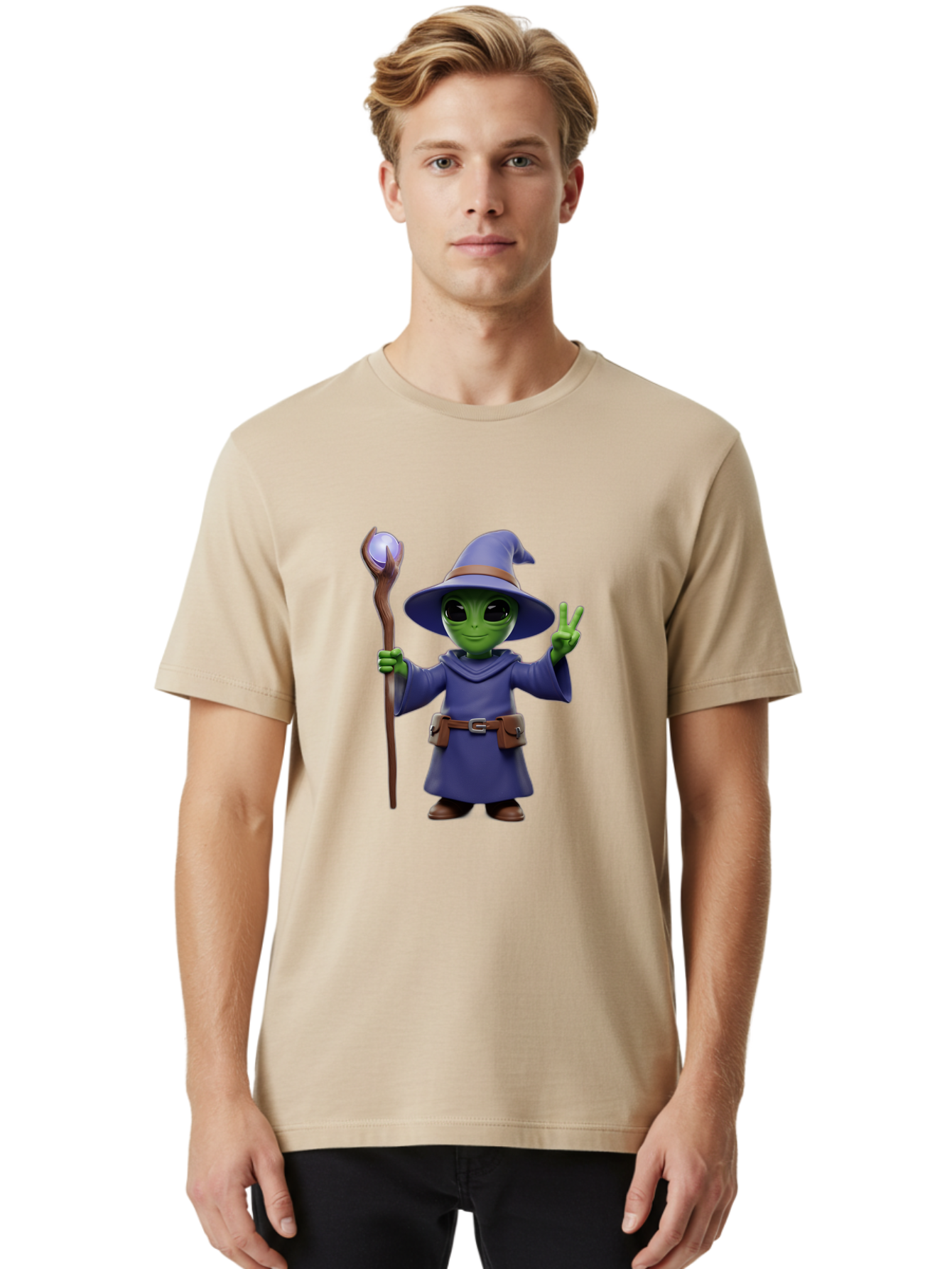 Wizard-Alien Men'S Graphic Tee, 100% Cotton, Comfortable Casual Summer Wear, Machine Washable, Cartoon Wizard, Alien Character, Fantasy Creature, Green Skin, Purple Robes, Magic Staff, Peace Sign, Mystical Powers, Otherworldly Being, Bac569 20