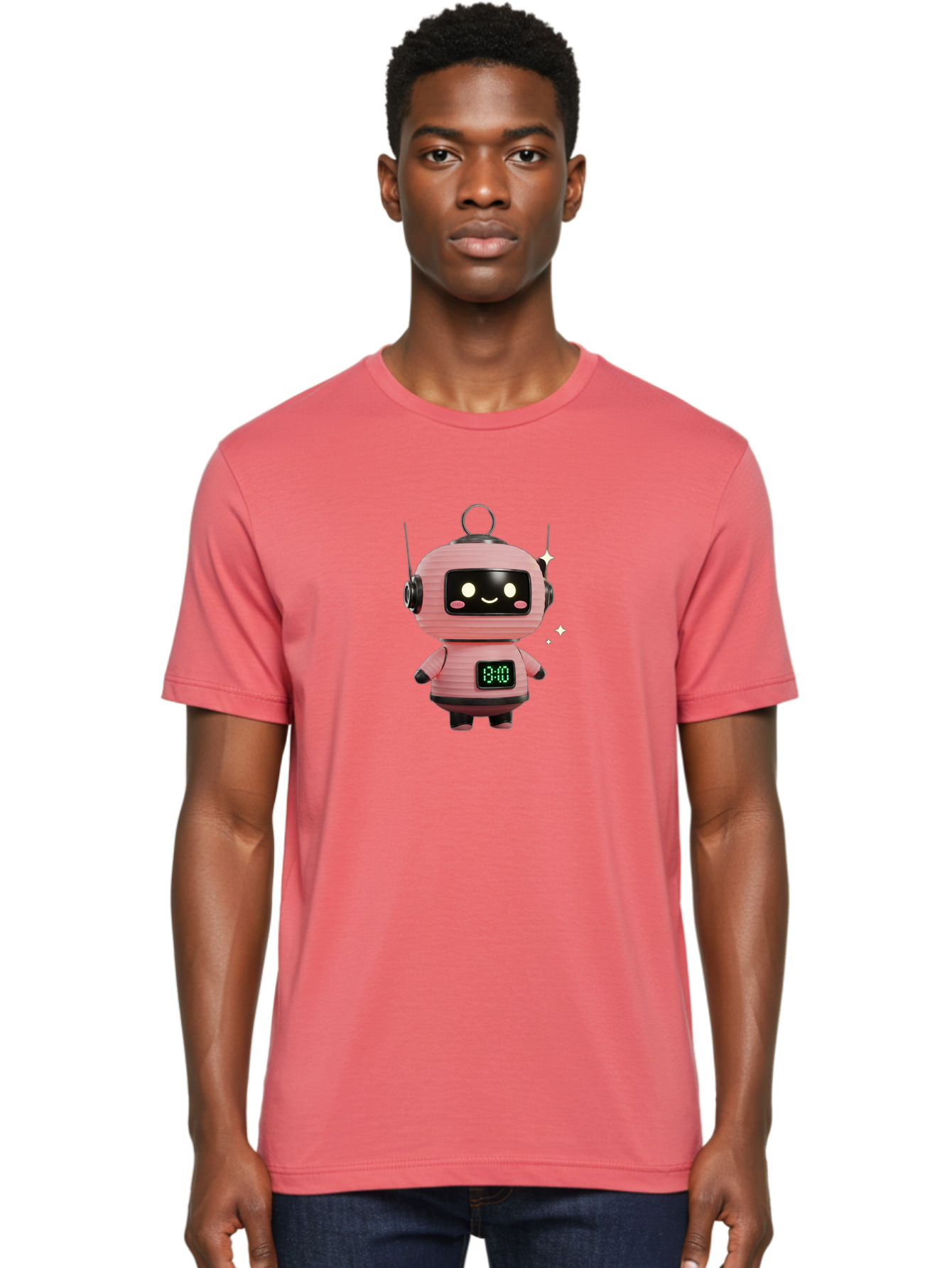 13-00-Robot Men'S Graphic Tee, 100% Cotton, Comfortable Casual Summer Wear, Machine Washable, Cartoon Robot With Clock, Digital Time Display, 13:00, Futuristic Design, Robot Character, Alarm Clock, Kawaii Style, Robot Technology, Bac572 16